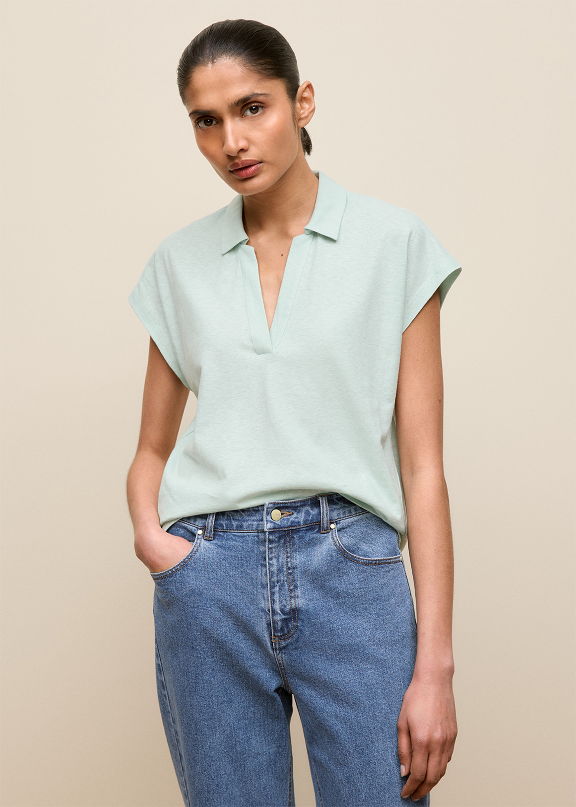 Linen Cotton V Neck Polo