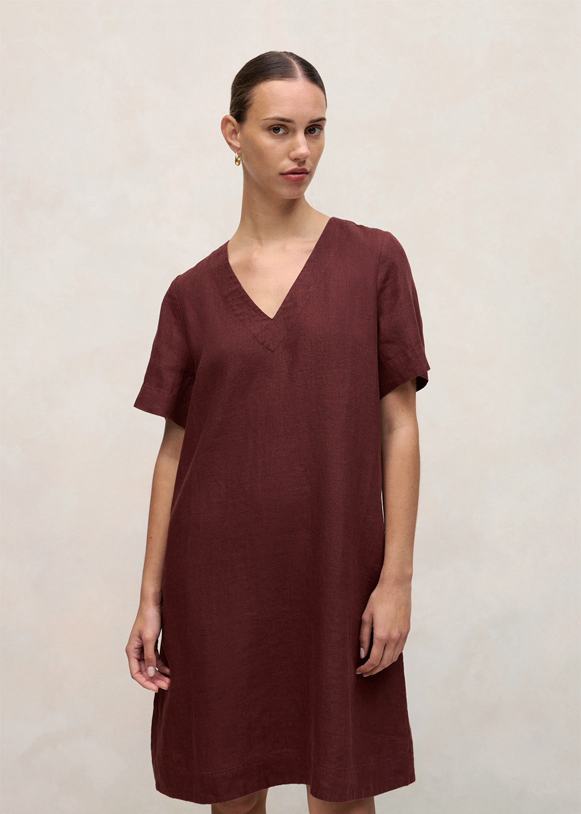 Linen V Neck Popover Shift Dress