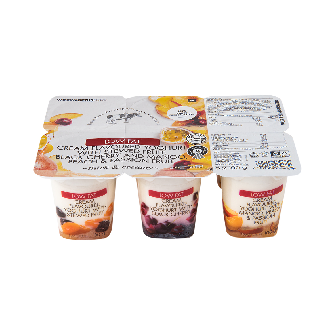 Low Fat Cream Flavoured Yoghurt with Stewed Fruit, Black Cherry & Mango, Peach & Passion Fruit 6 x 100 g