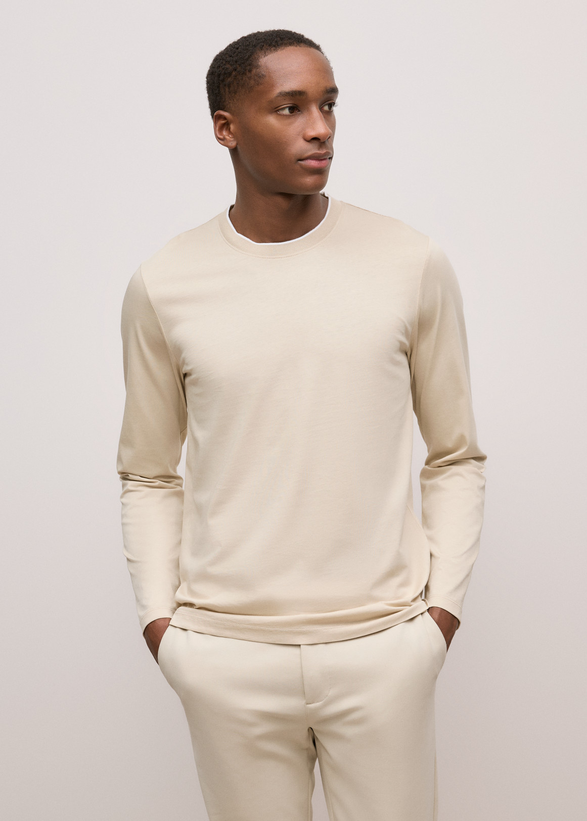 Mercerised Cotton Tipped Long Sleeve T-shirt