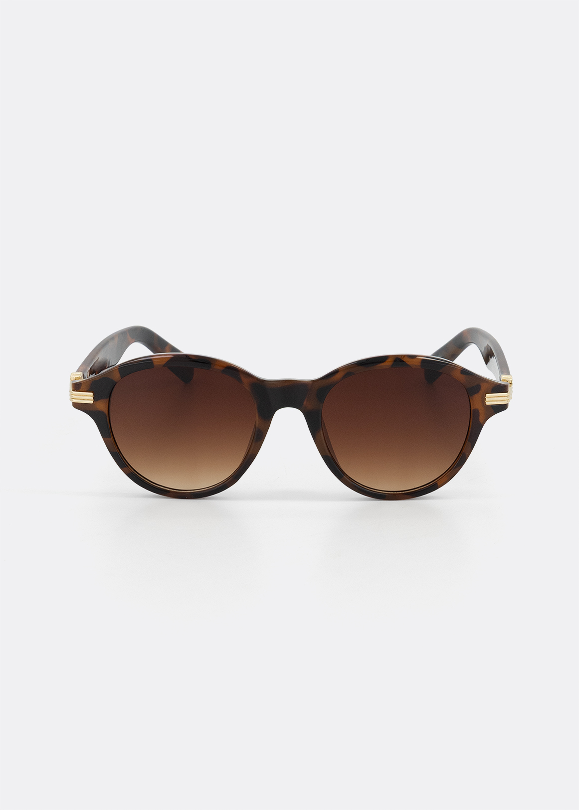 Metallic Trim Tortoiseshell Polycarbonate Round Sunglasses