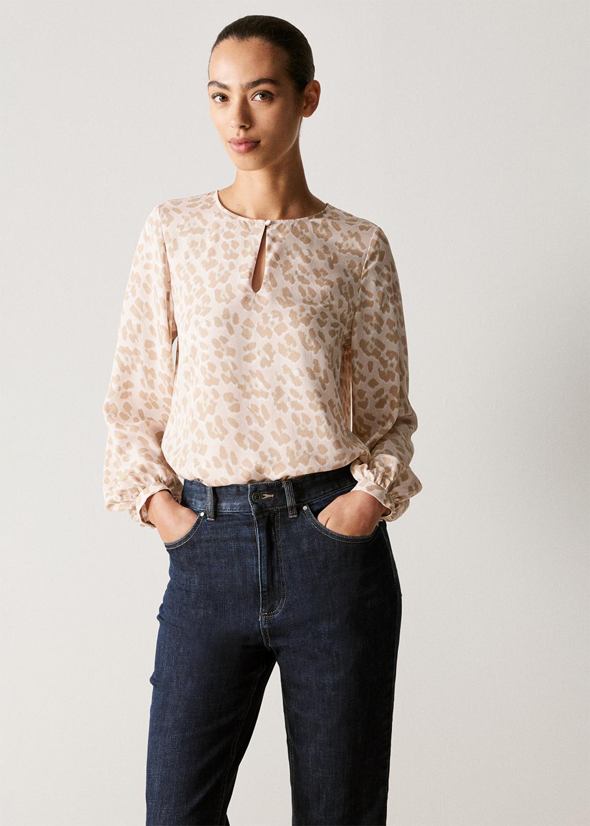 Modal Ocelot Print Blouson Sleeve Blouse