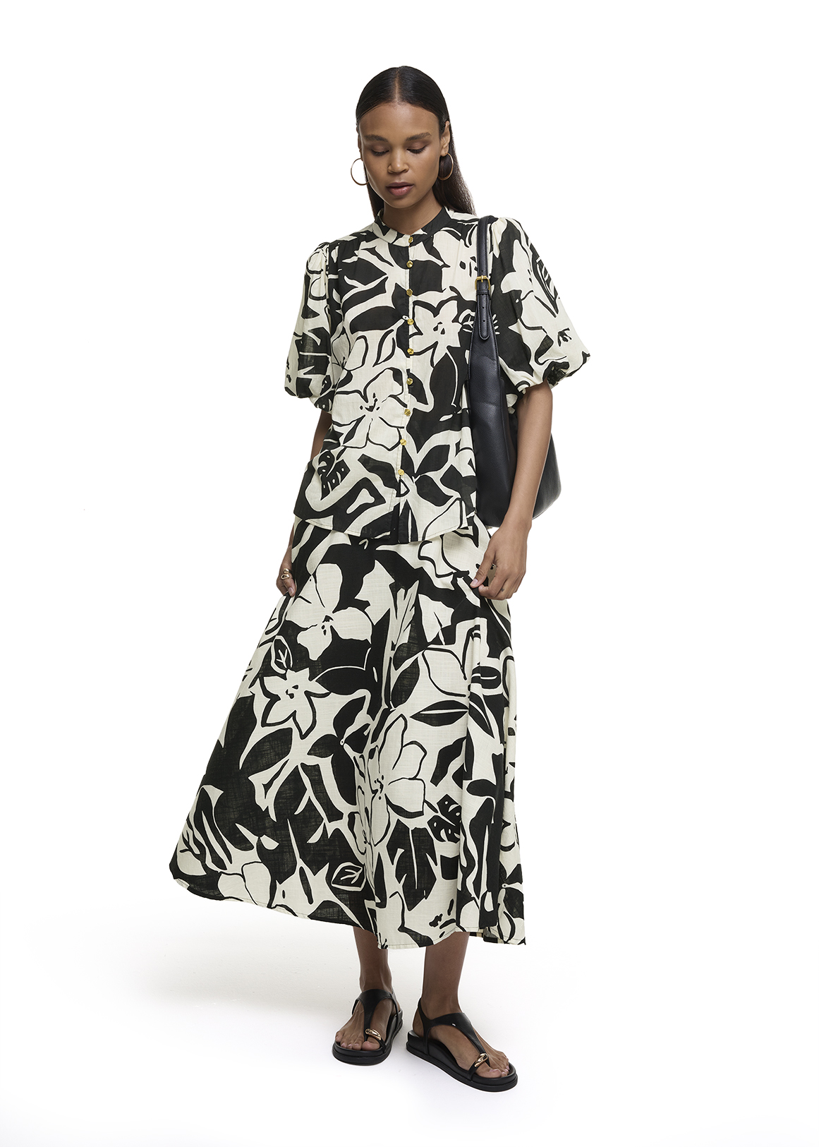 Mono Floral A-line Cotton Maxi Skirt