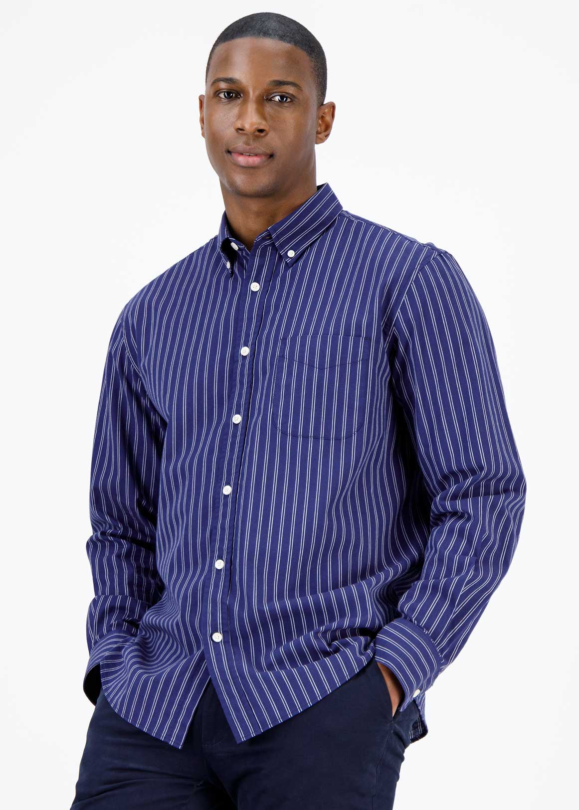 Navy Double Stripe Cotton Shirt | Woolworths.co.za