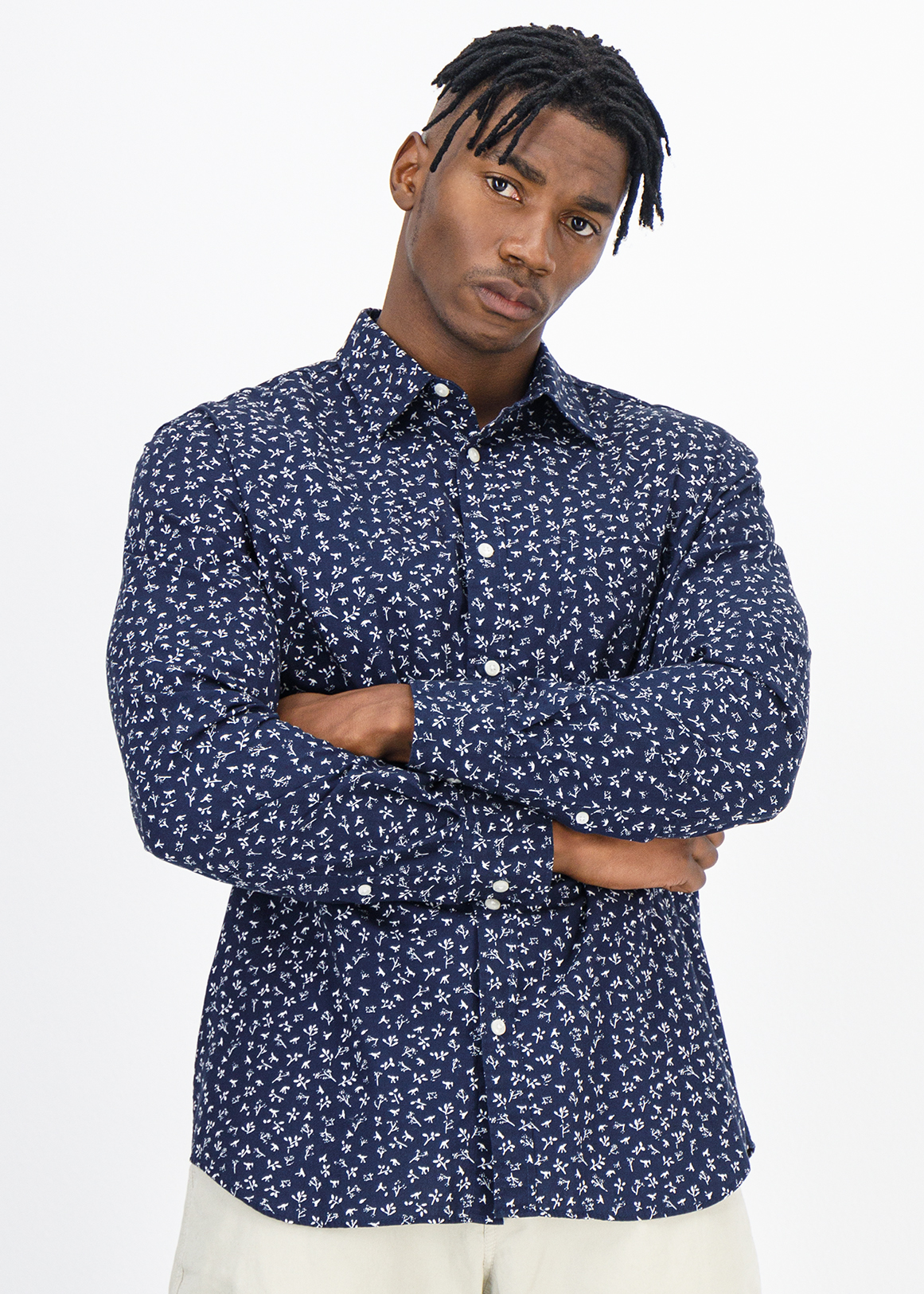 Navy Nature Print Regular Fit Cotton Shirt | Woolworths.co.za