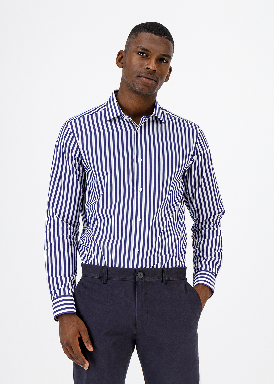 Navy Solid Stripe Slim Fit Cotton Shirt | Woolworths.co.za