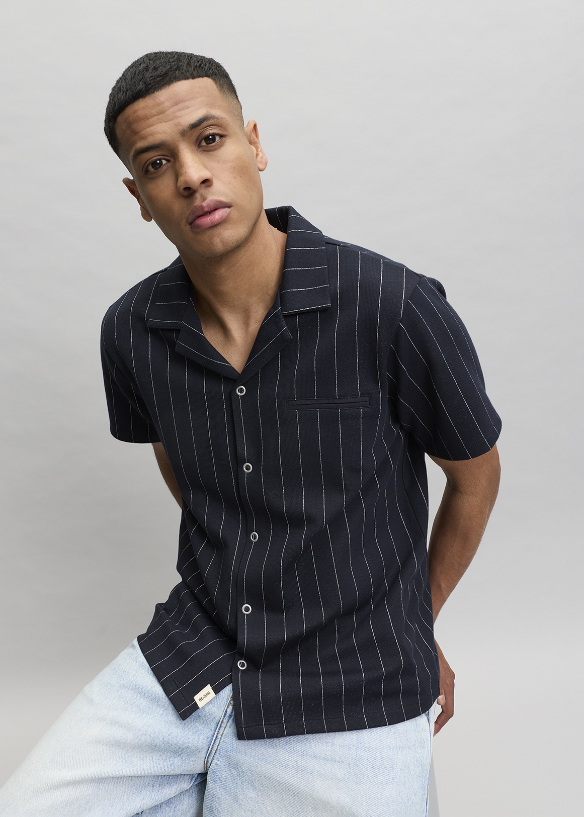 Navy Striped Revere Collar Shirt