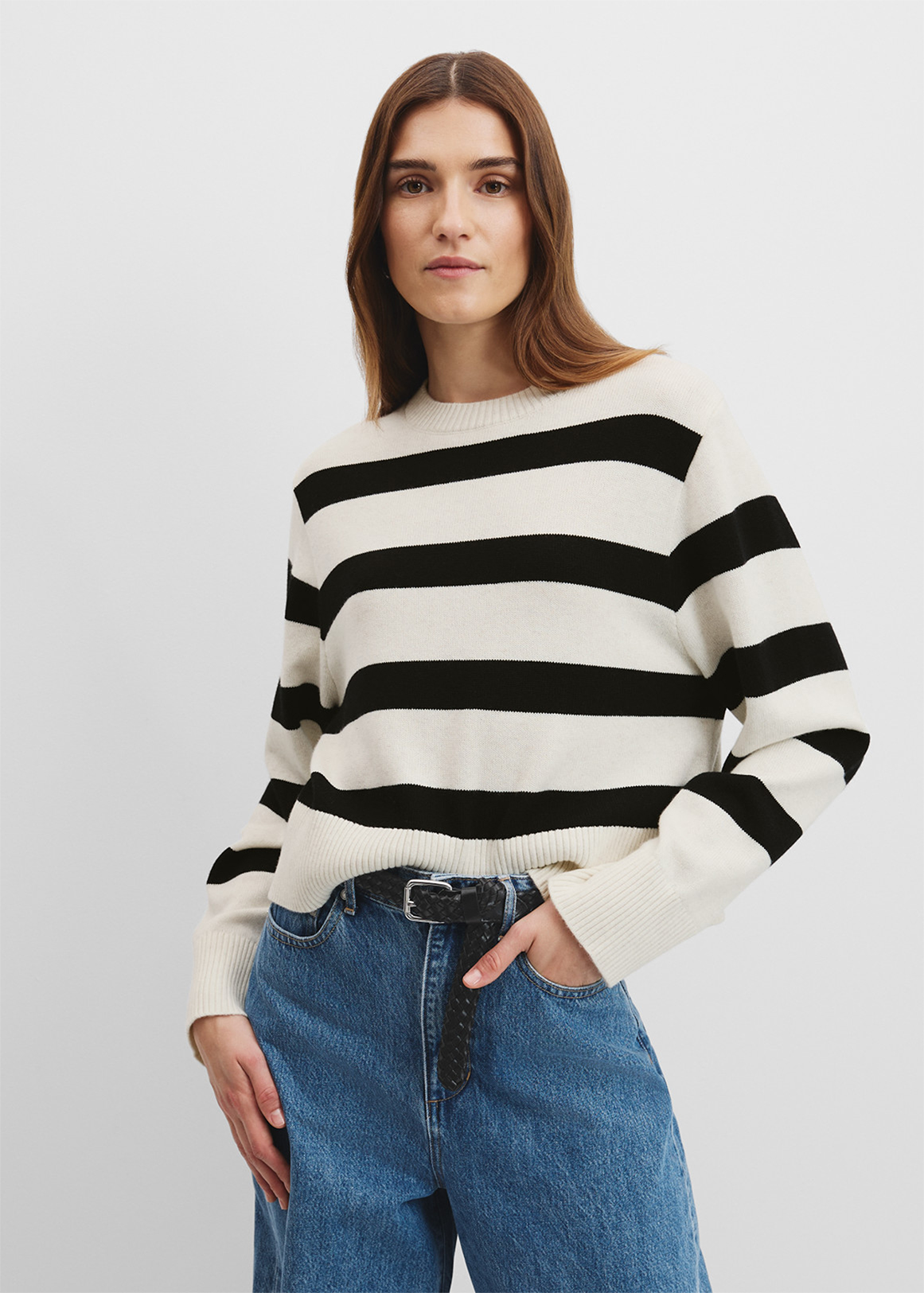 Organically Grown Cotton Blend Stripe Crop Crew Neck Knit