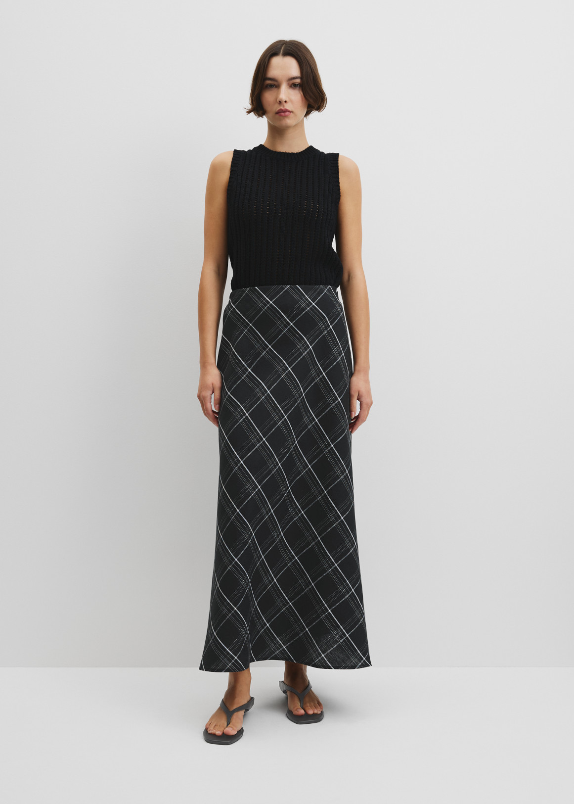 Organically Grown Linen Check Pull-On Midi Skirt