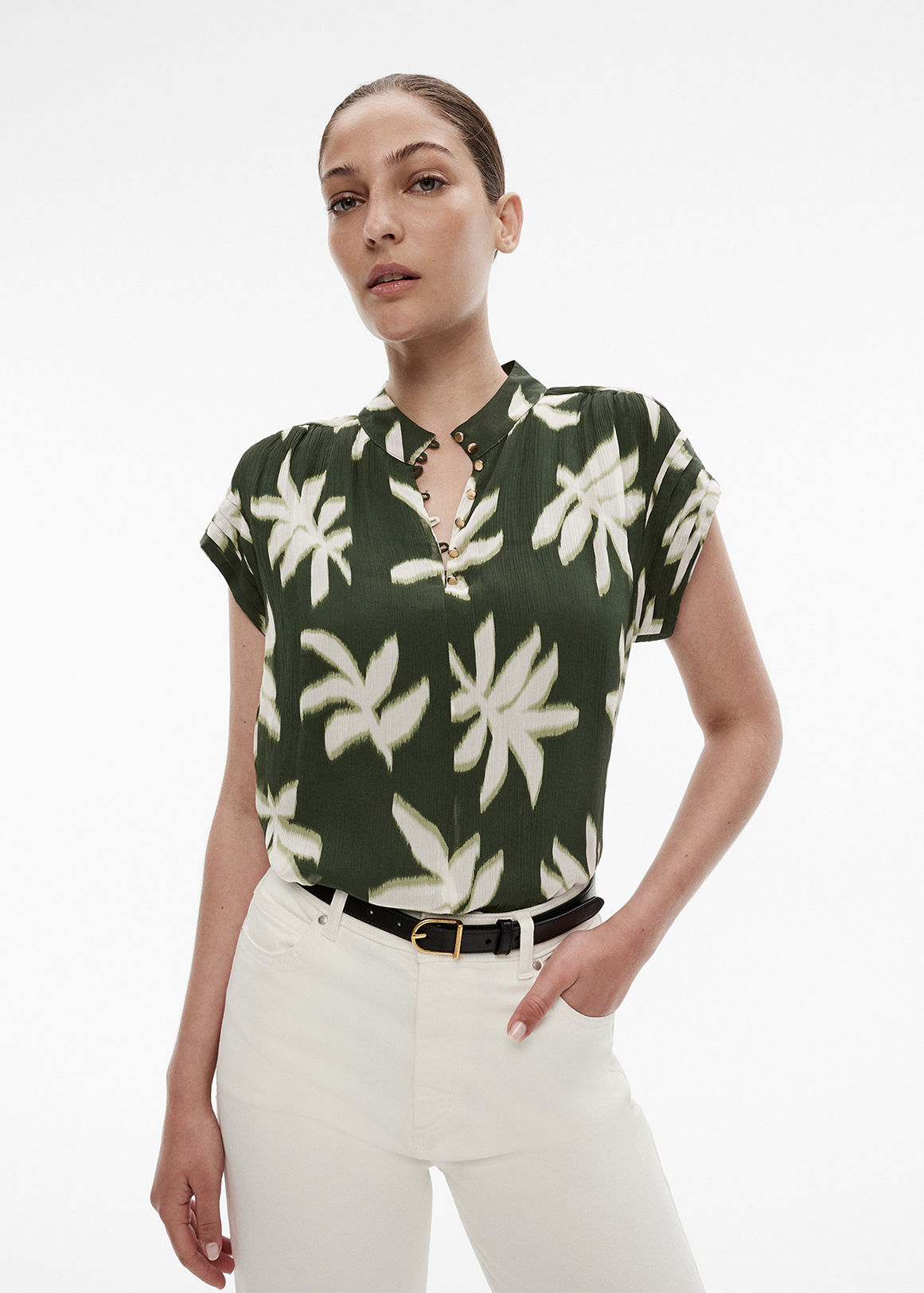 Palm Print Cap Sleeve Blouse | Woolworths.co.za