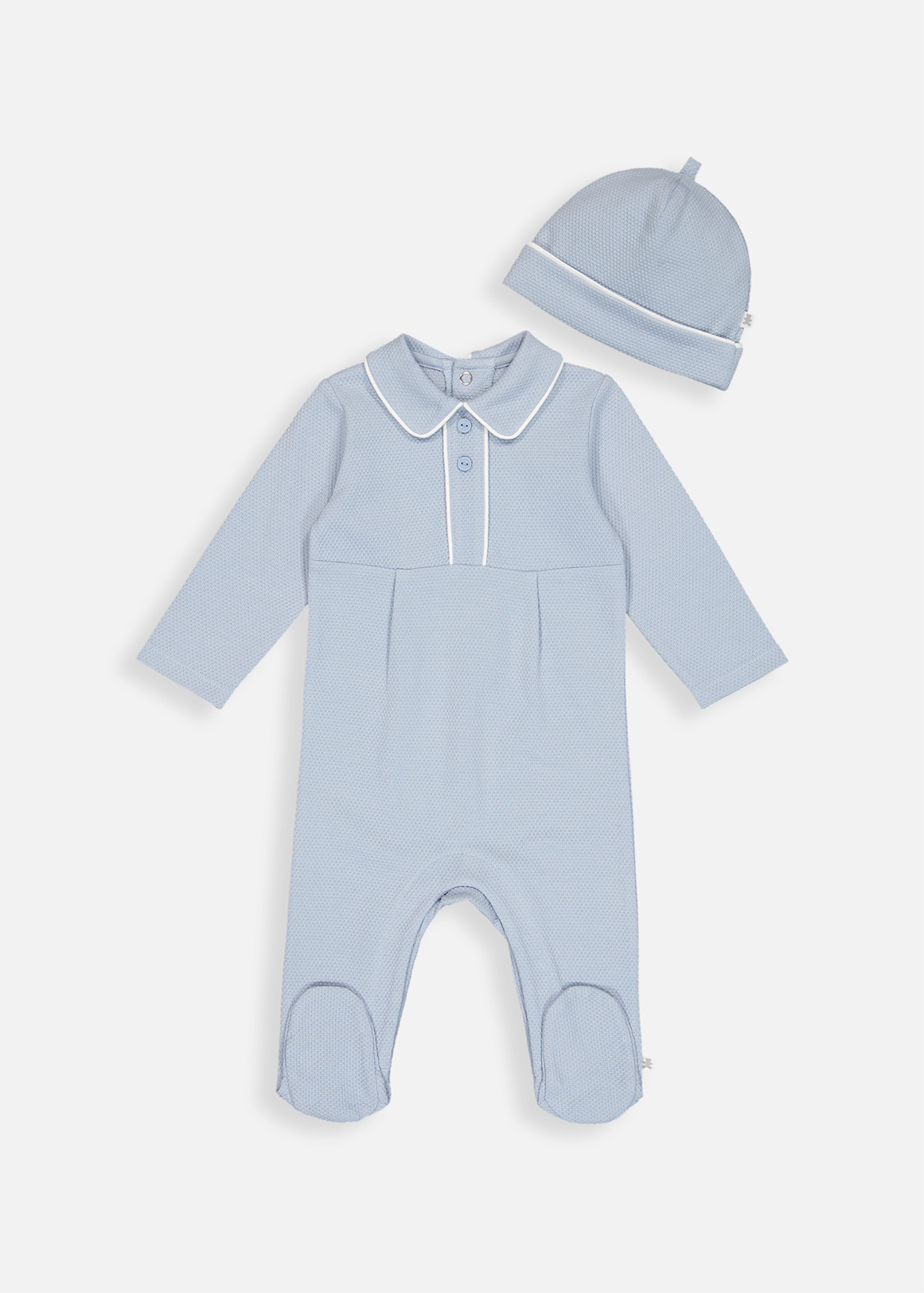 Piped Textured Cotton Sleepsuit & Beanie Set