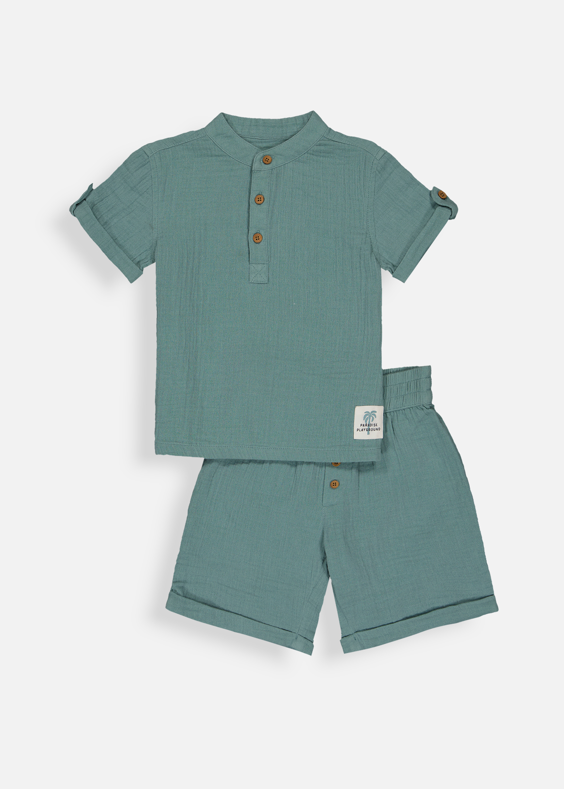 Plain Henley Cotton Muslin Shirt & Shorts Set