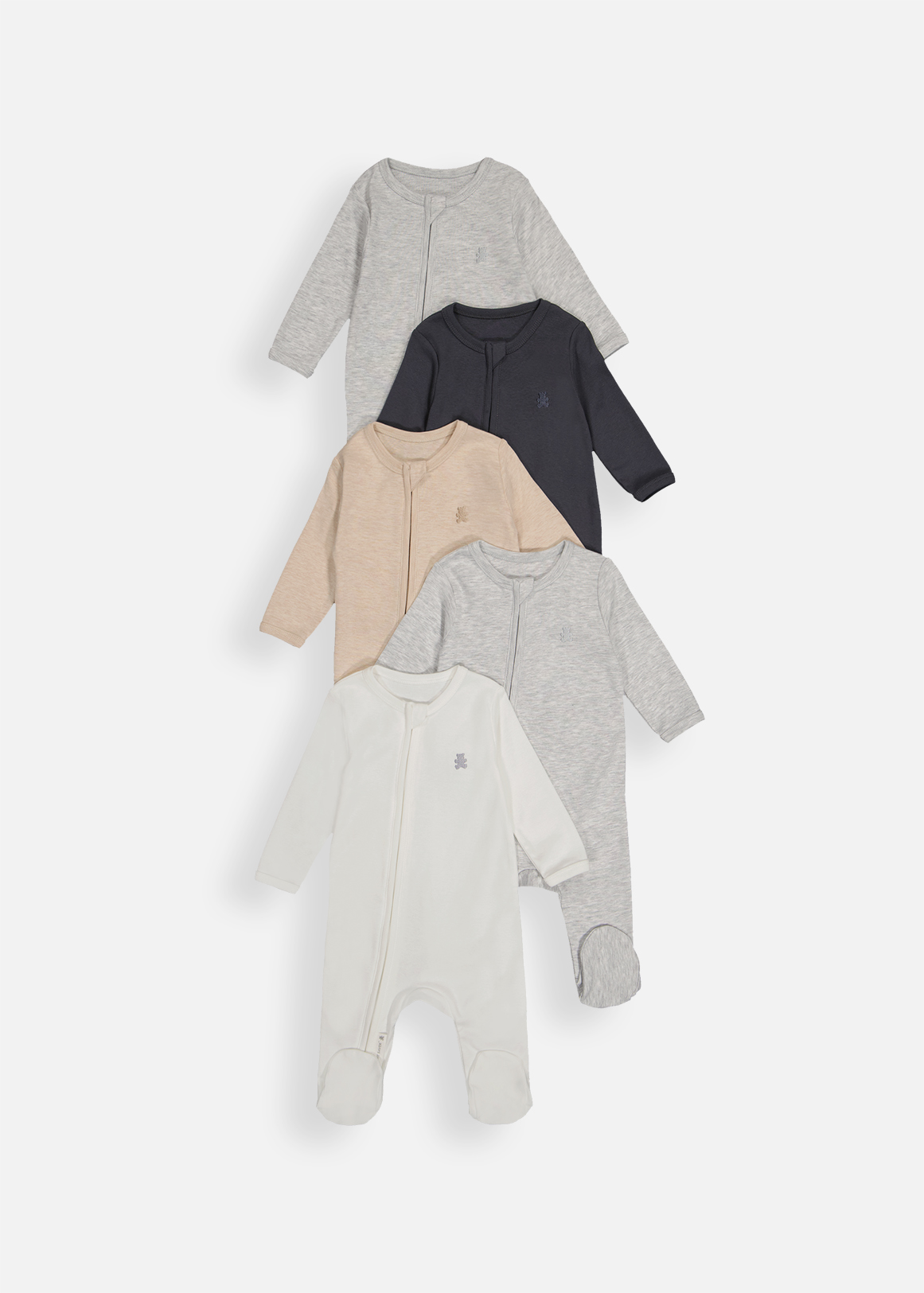 Plain Organic Cotton Zip Sleepsuits 5 Pack