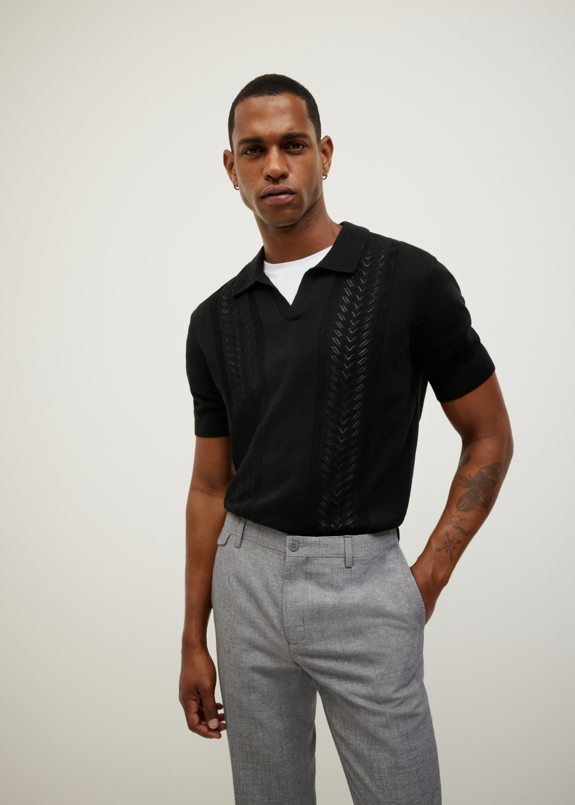 Pointelle Panelled Trophy Neck Knit
