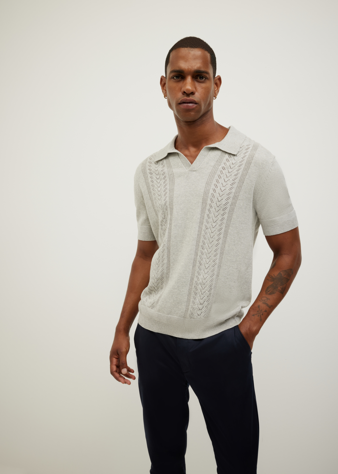 Pointelle Panelled Trophy Neck Knit