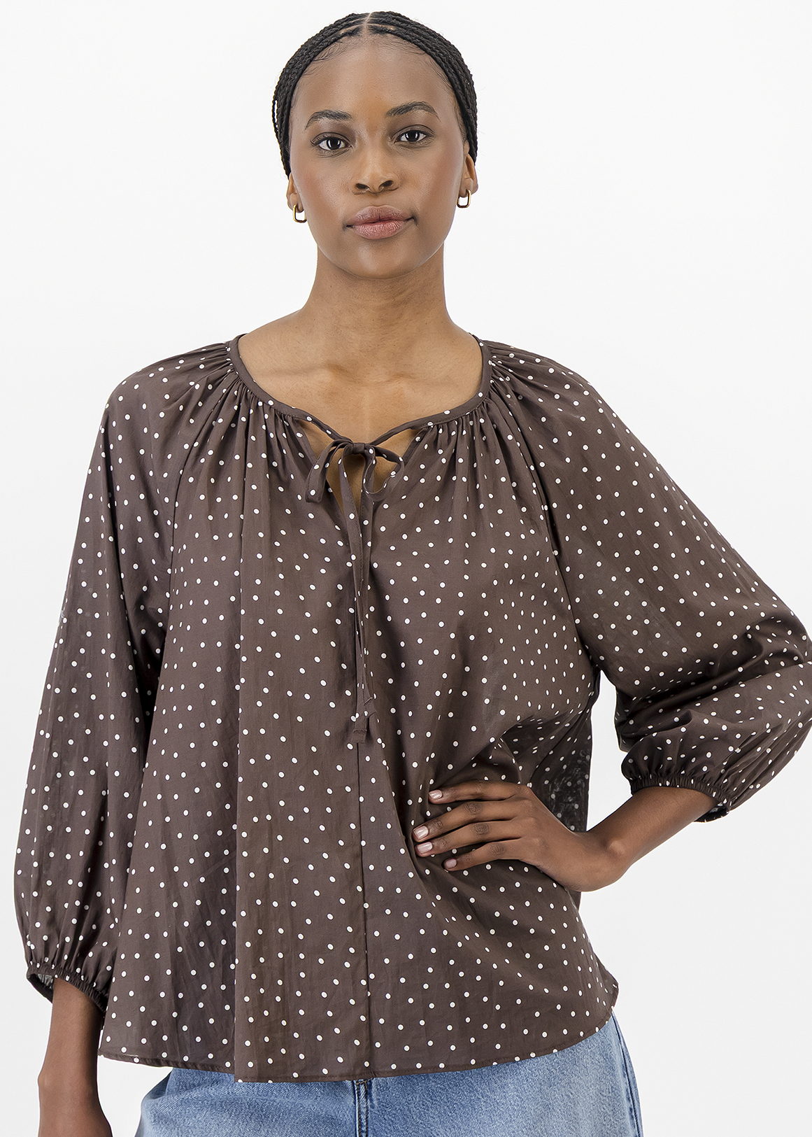 Polka Dot Tie Neck Balloon Sleeve Cotton Blouse