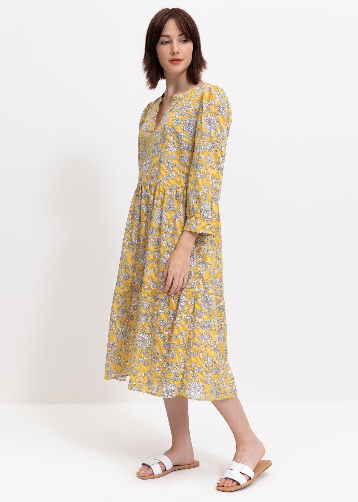 Print Split Mandarin Cotton Midi Dress | Woolworths.co.za