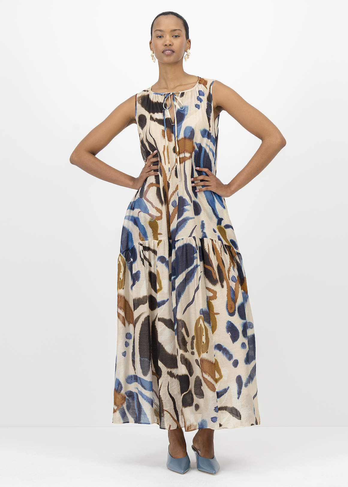 Print Tie Neck A-line Maxi Dress