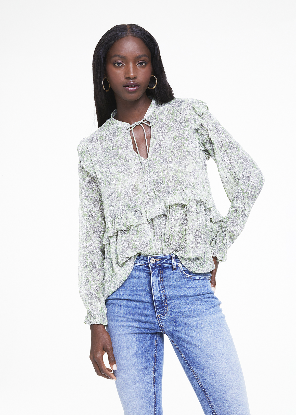 Print Tie Neck Frill Blouse | Woolworths.co.za