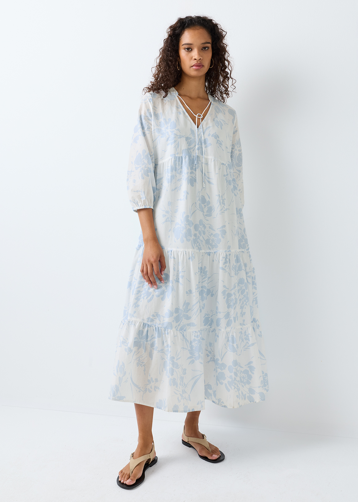 Print Tie Neck Tiered A-line Maxi Dress