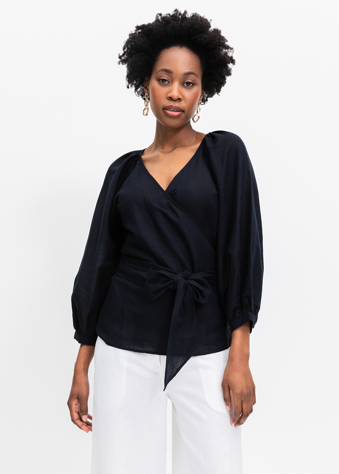 Puff Sleeve Linen Blend Wrap Blouse | Woolworths.co.za