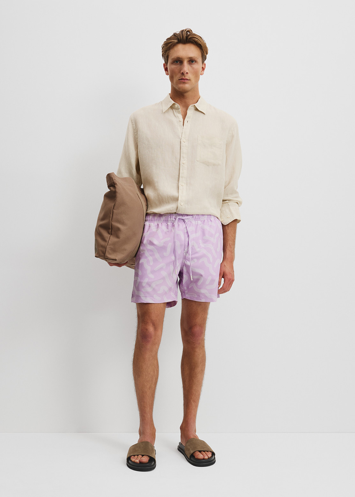 Recycled Polyester Blend Linear Print Swim Short