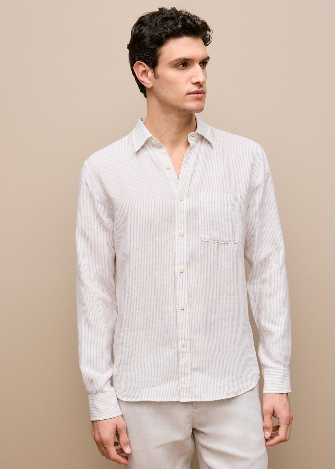 Regular Fit Fine Stripe Linen Long Sleeve Shirt