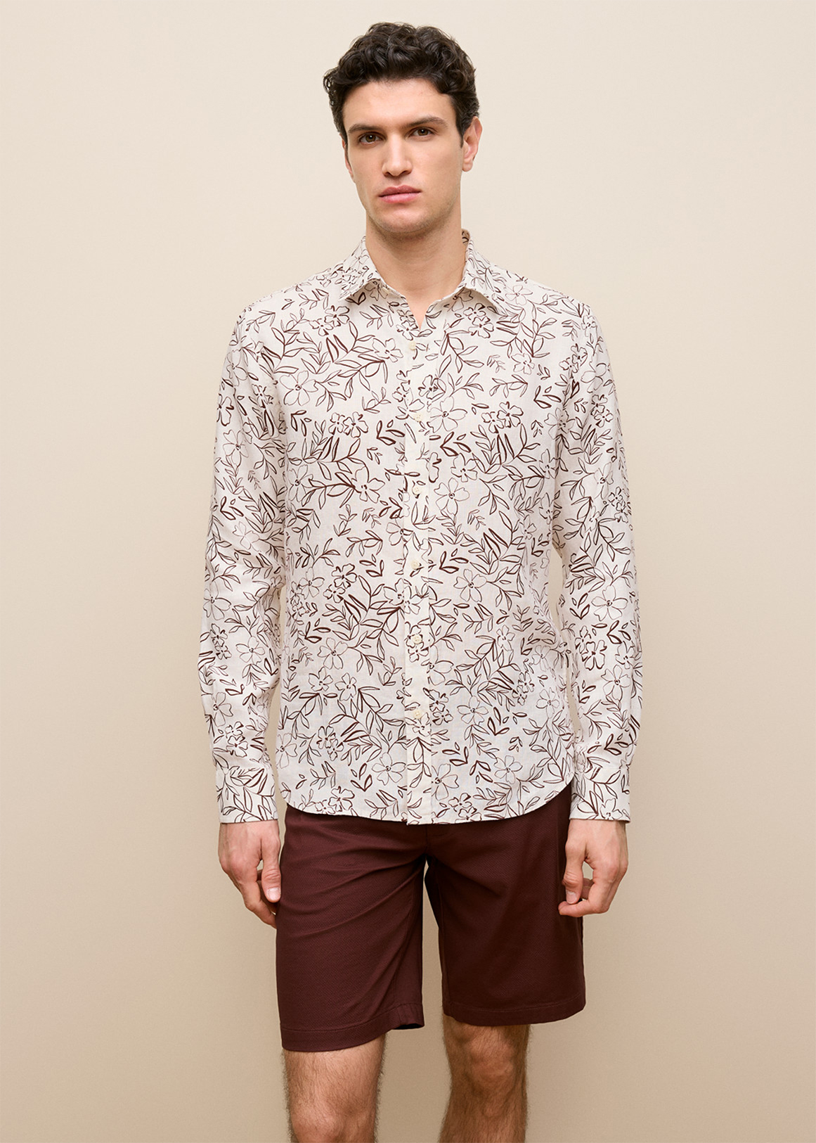 Regular Fit Floral Linen Long Sleeve Shirt