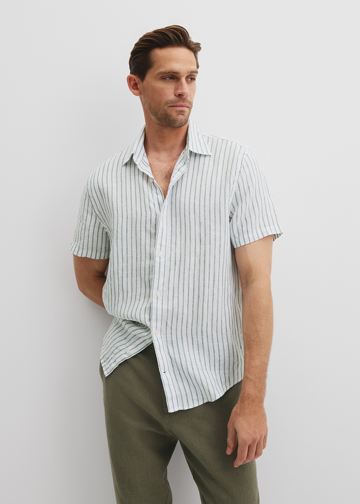 Regular Fit Organically Grown Linen Short Sleeve Stripe Shirt