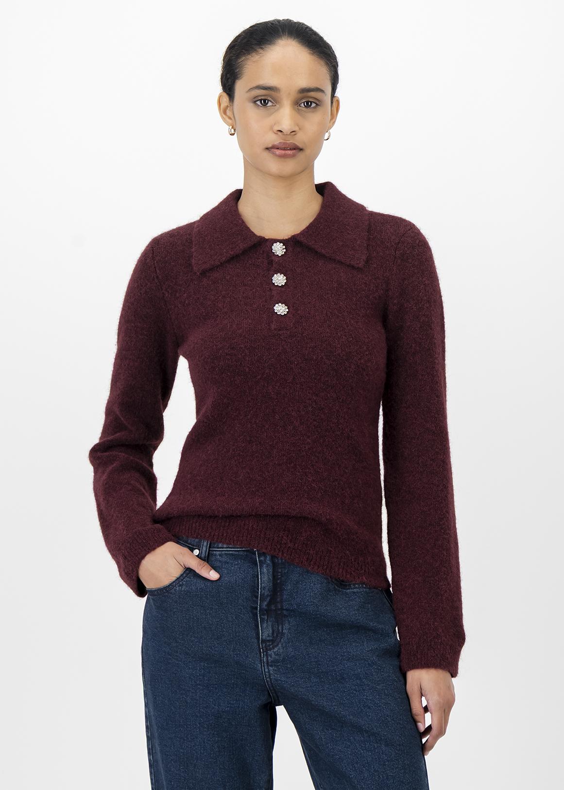Rhinestone Detail Collared Wool Blend Jumper