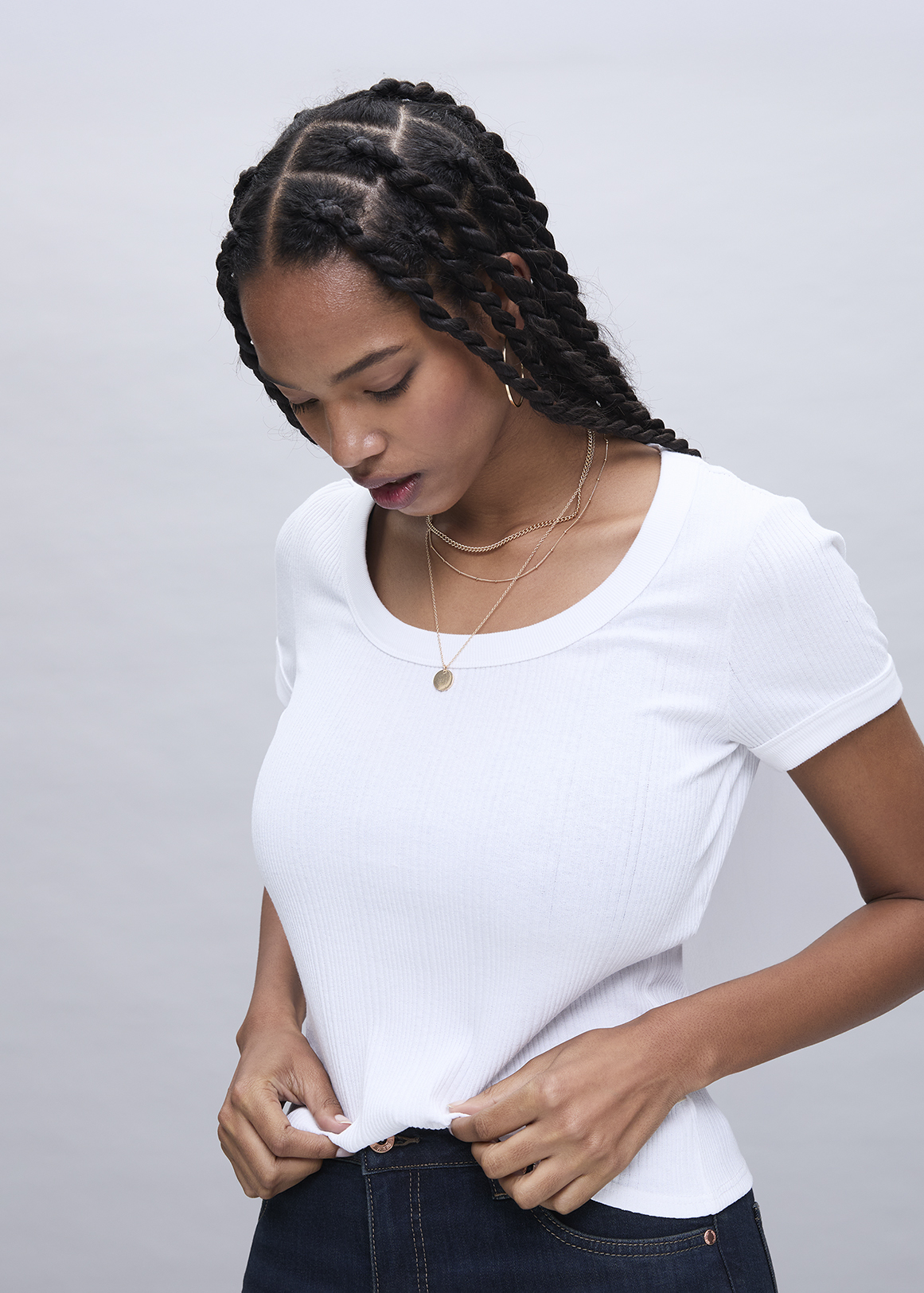 Ribbed Scoop Neck Cotton Blend T-shirt