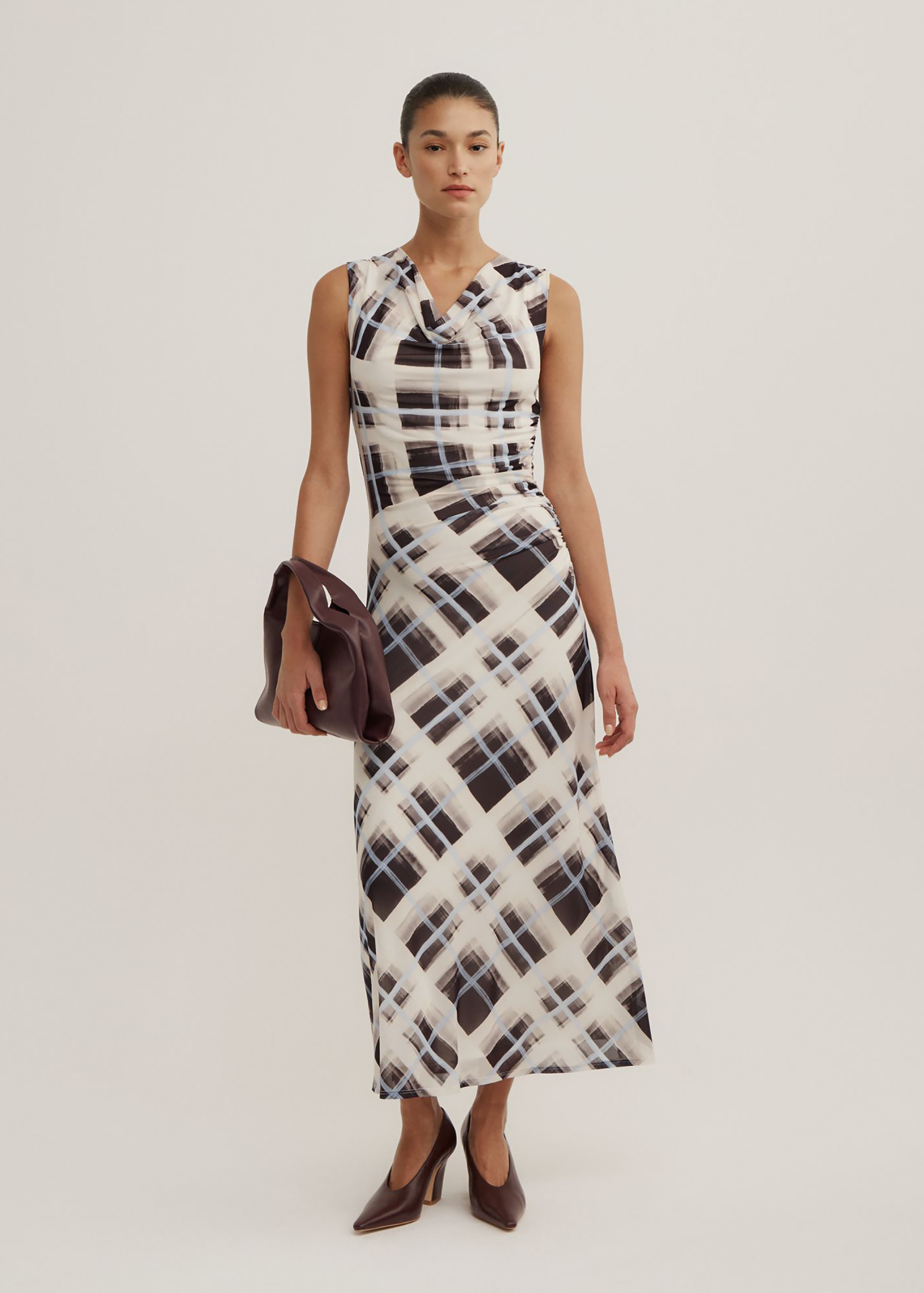 Ruched Cowl Mesh Dress