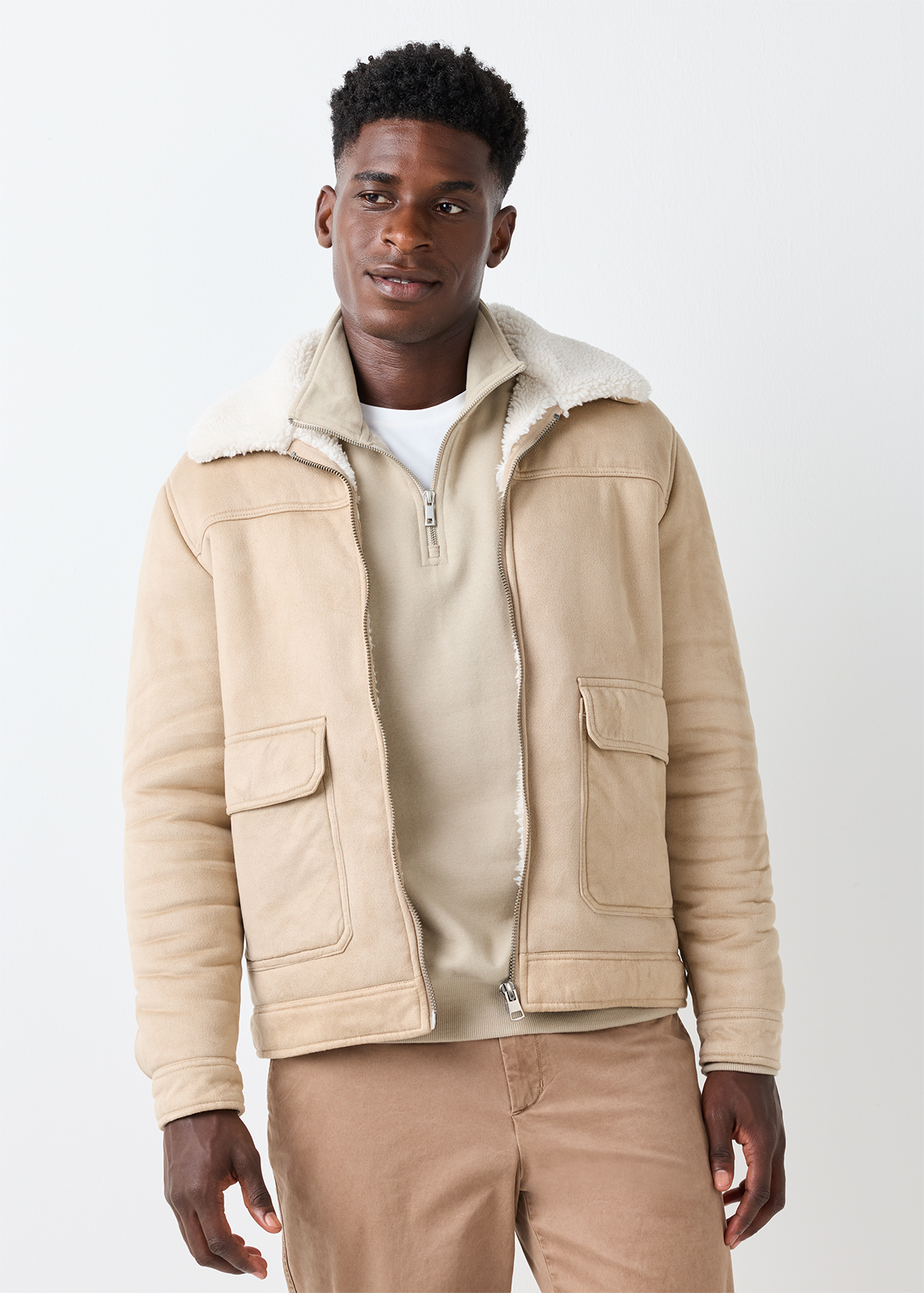 Sherpa Collar Faux Suede Aviator Jacket