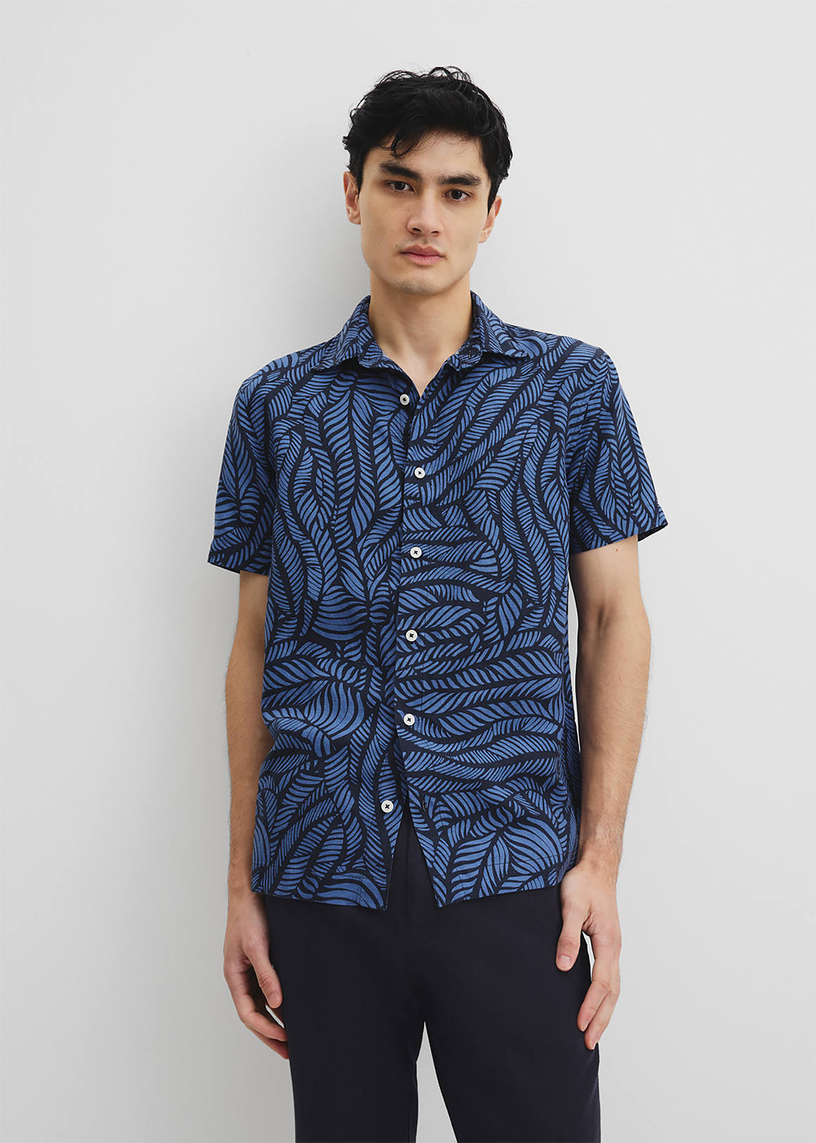 Short Sleeve Leaf Tencel Linen Shirt
