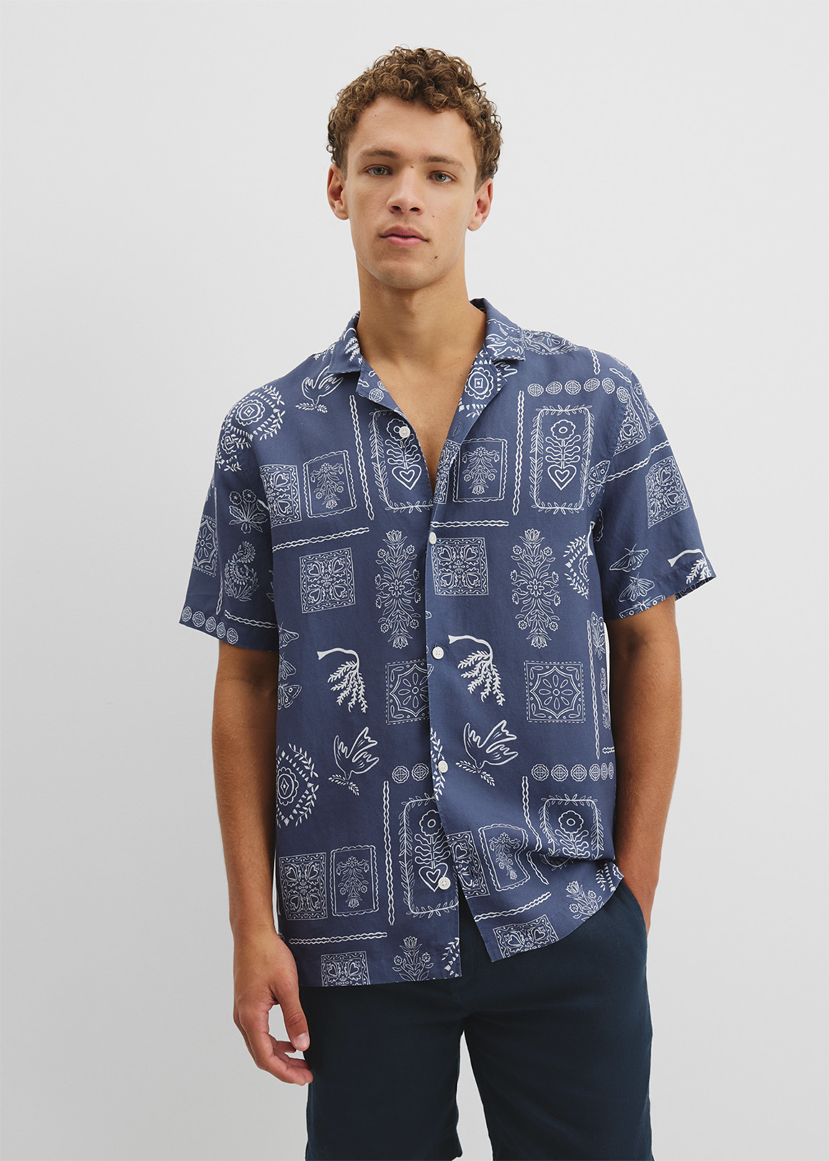 Short Sleeve Tencel Linen Stamp Print Shirt