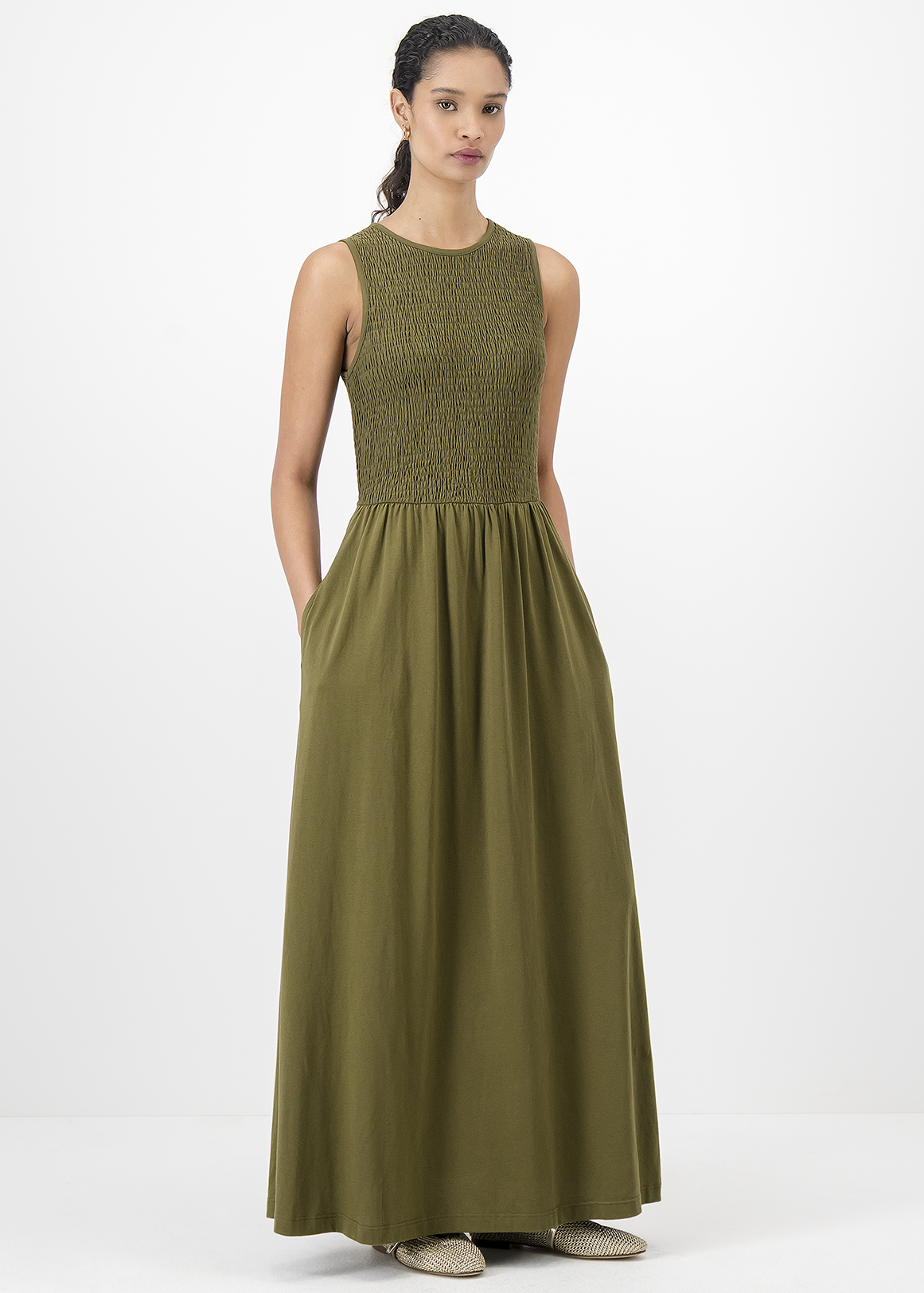 Sleeveless Shirred Knit Maxi Dress