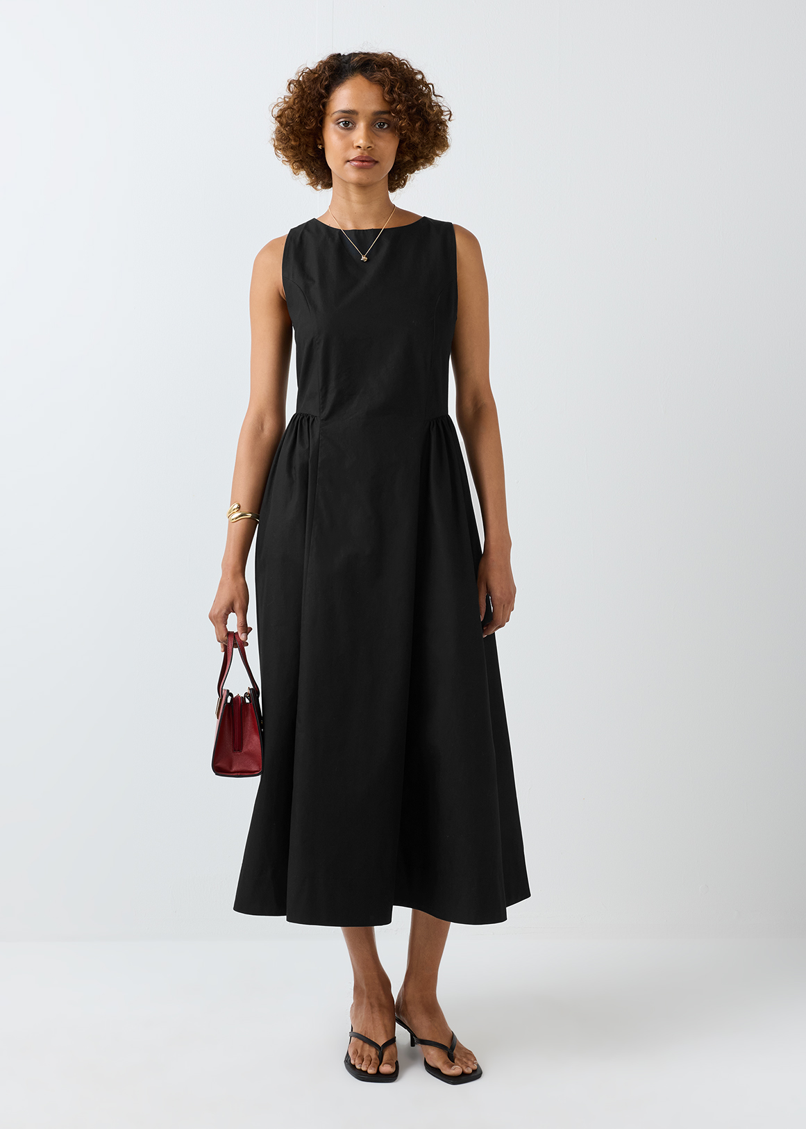 Sleeveless Waist Detail Poplin Midi Dress
