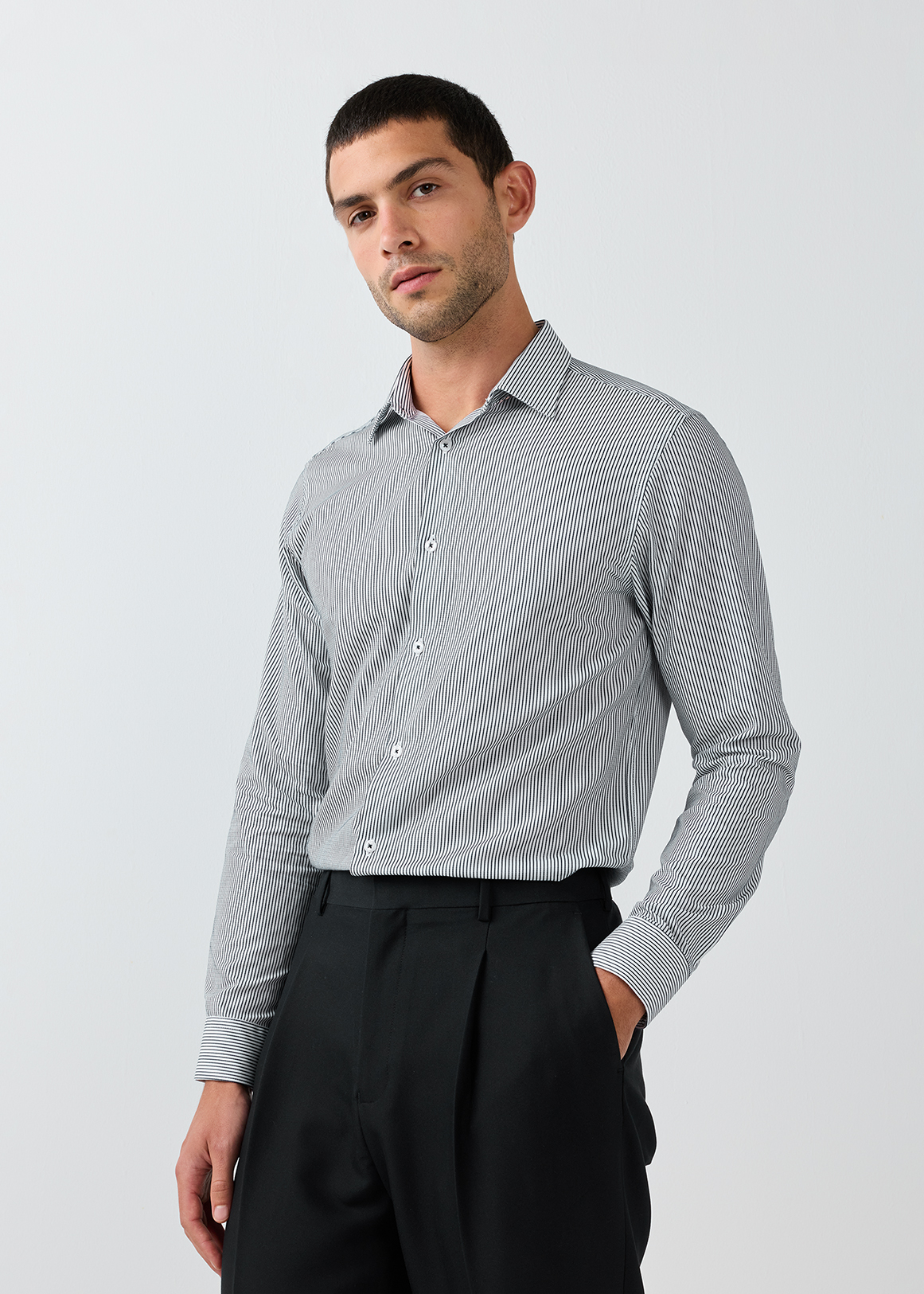 Slim Fit Easy Care Cotton Blend Pinstripe Shirt