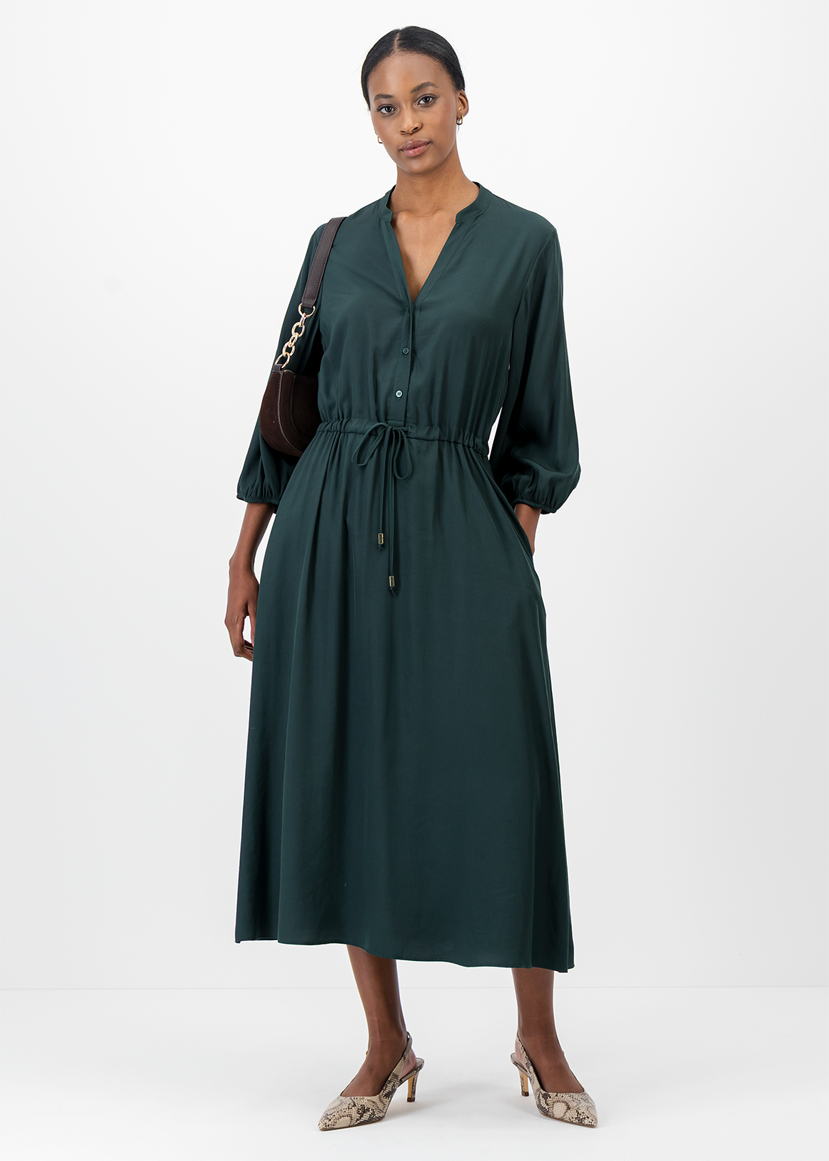 Split Neck & Drawstring Waist Midi Dress