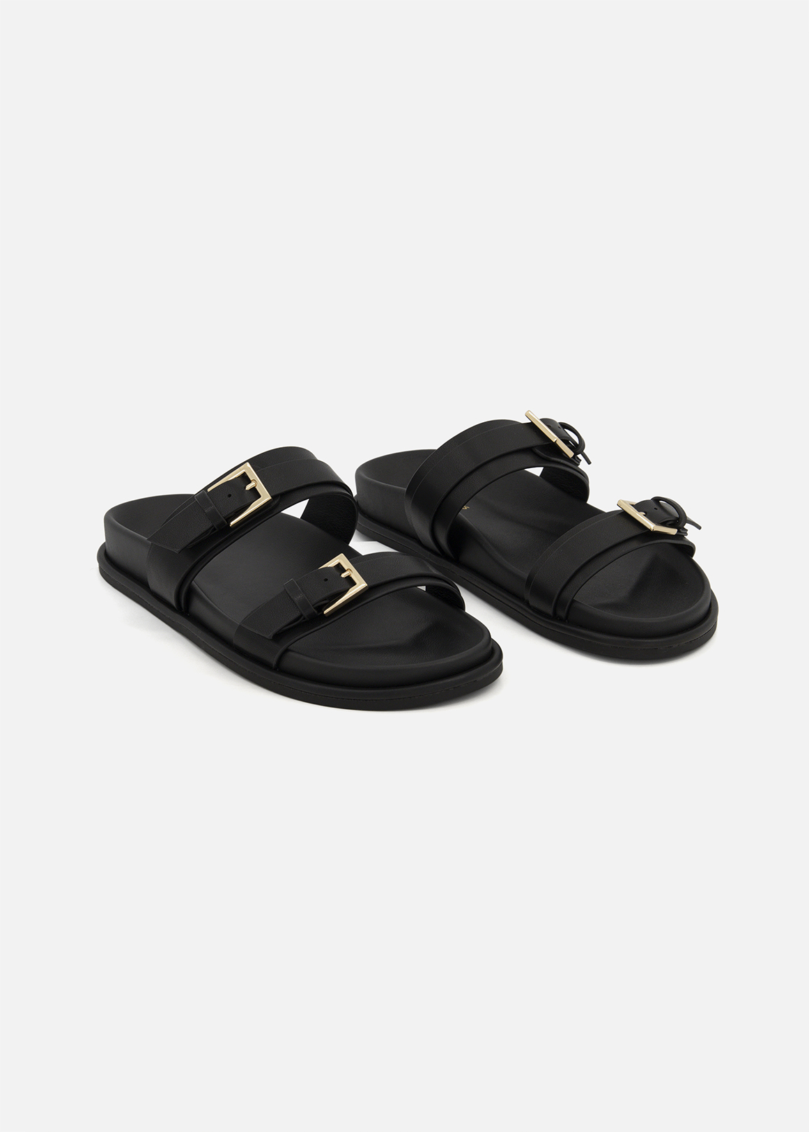 Square Buckle Double Strap Moulded Faux Leather Mules