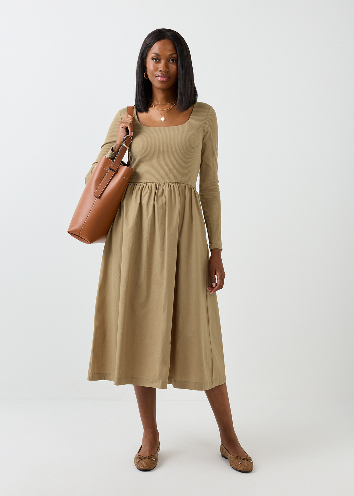 Square Neck Ribbed Poplin Midi Dress