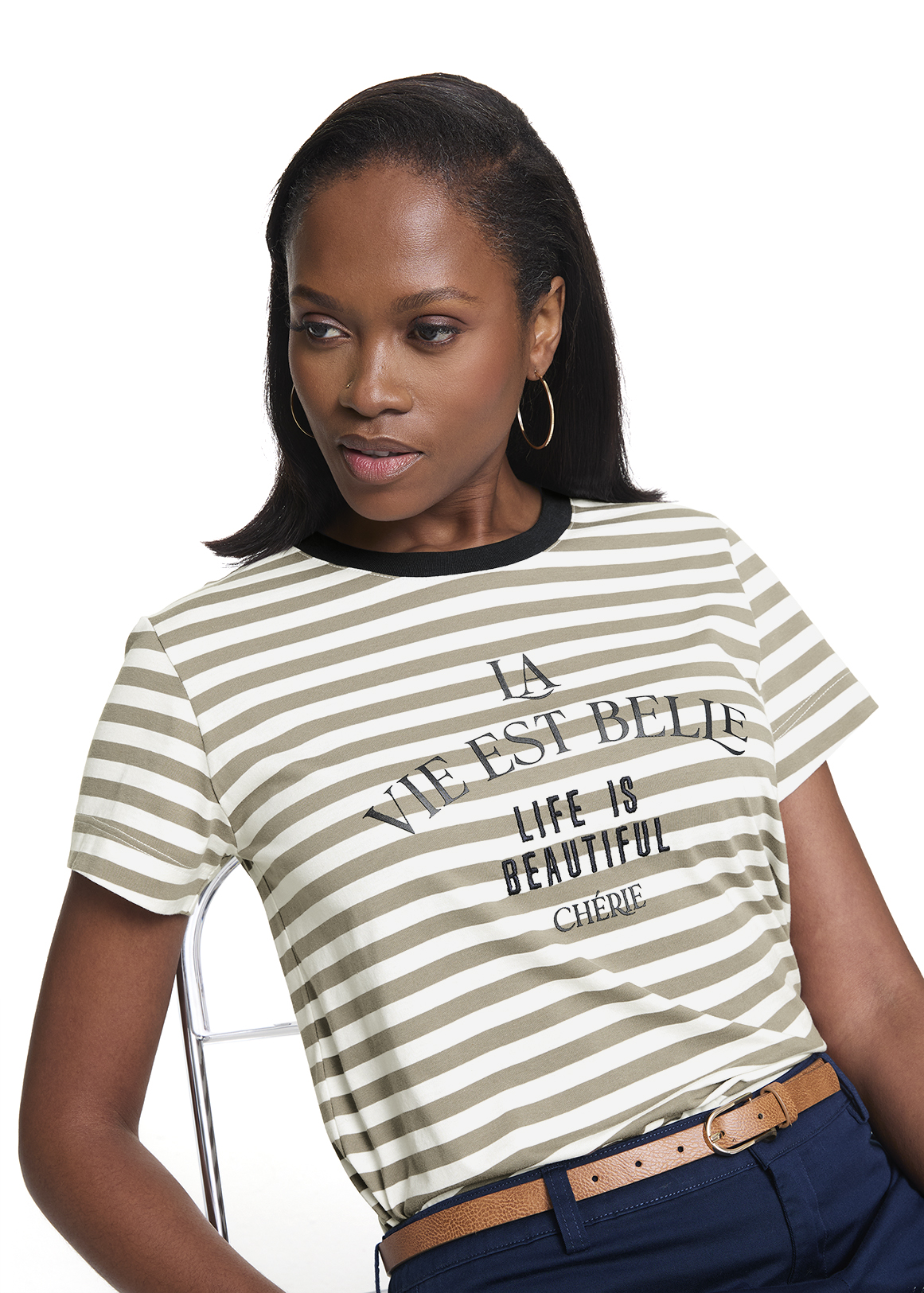 StayNew Striped Slogan Cotton T-shirt