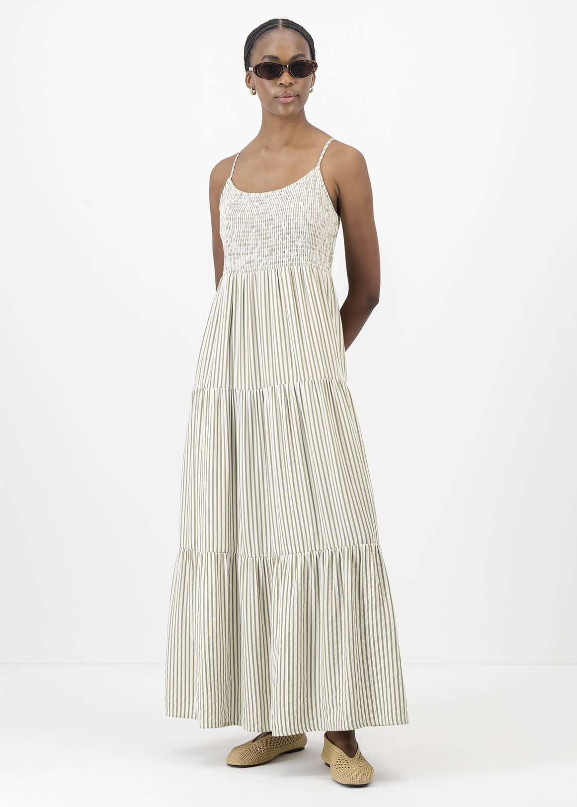 Strappy Shirred Tiered Poplin Midi Dress