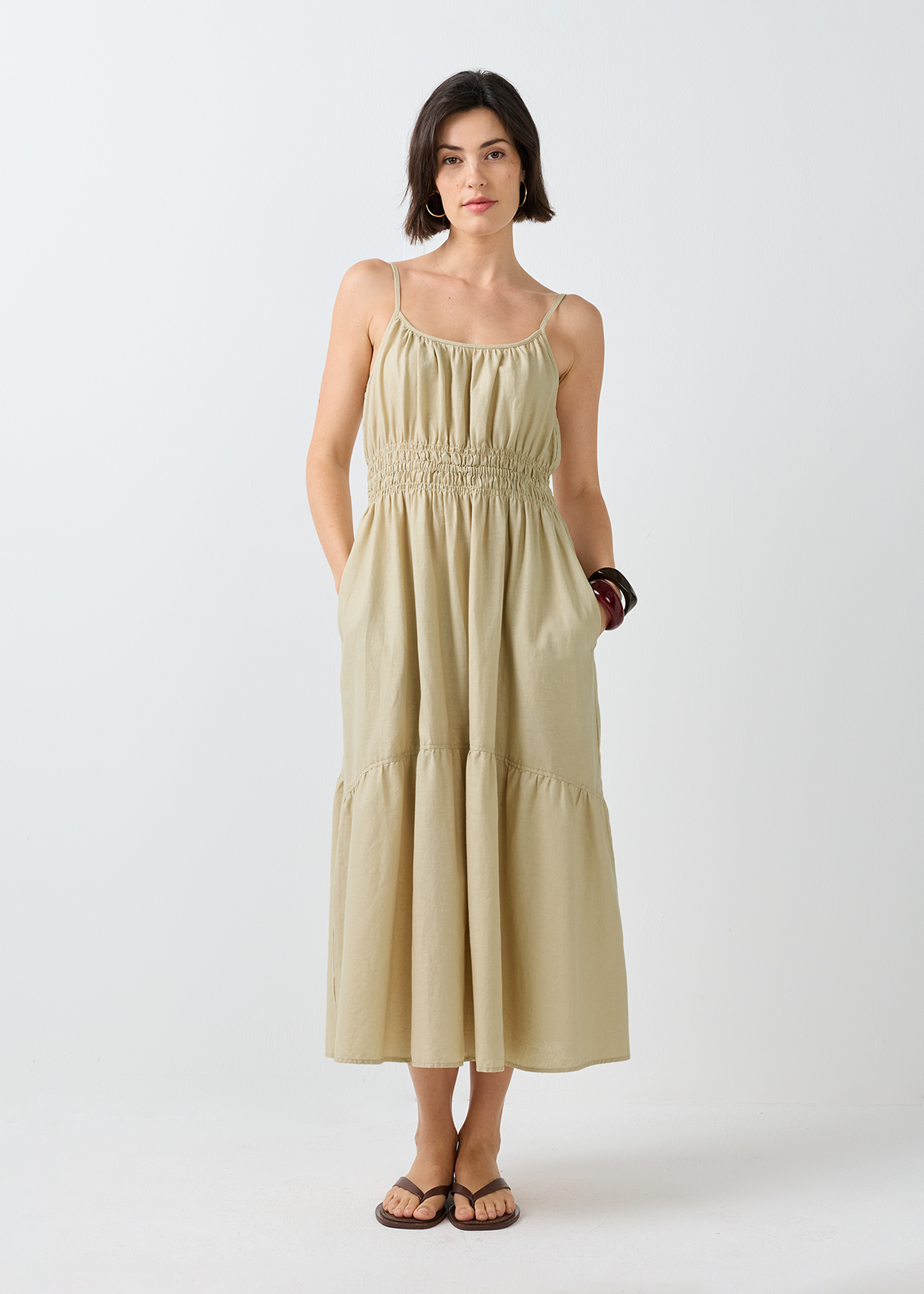Strappy Tiered Ruched Linen Blend Midi Dress
