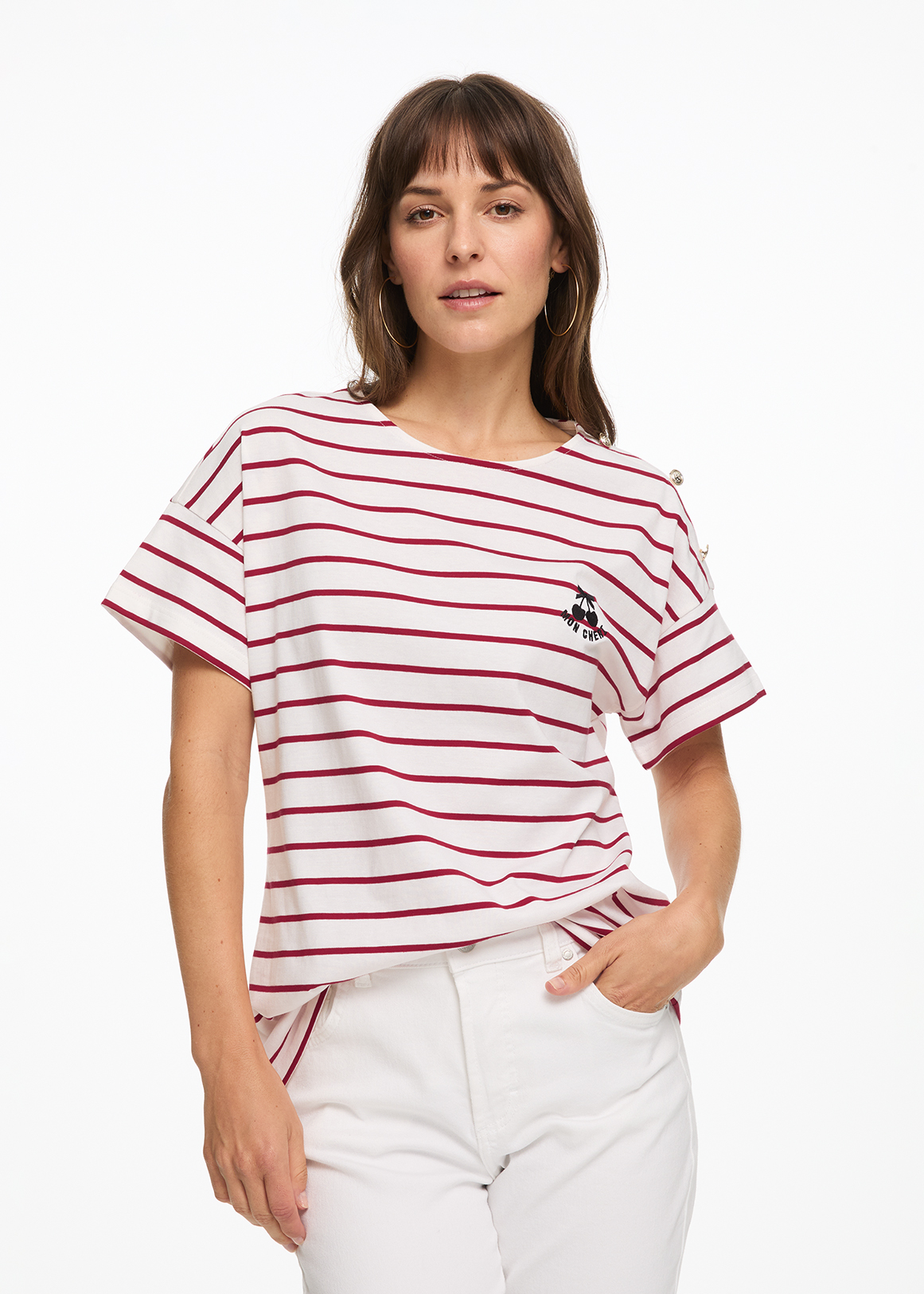 Striped Button Shoulder Cotton T-shirt