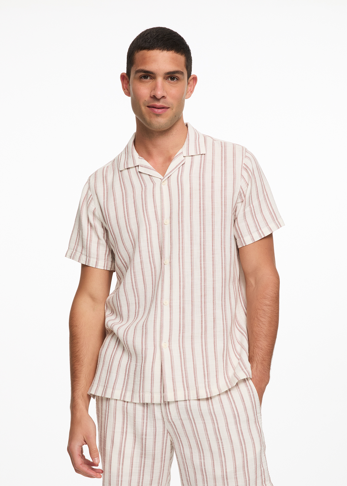 Striped Revere Collar Textured Cotton Shirt