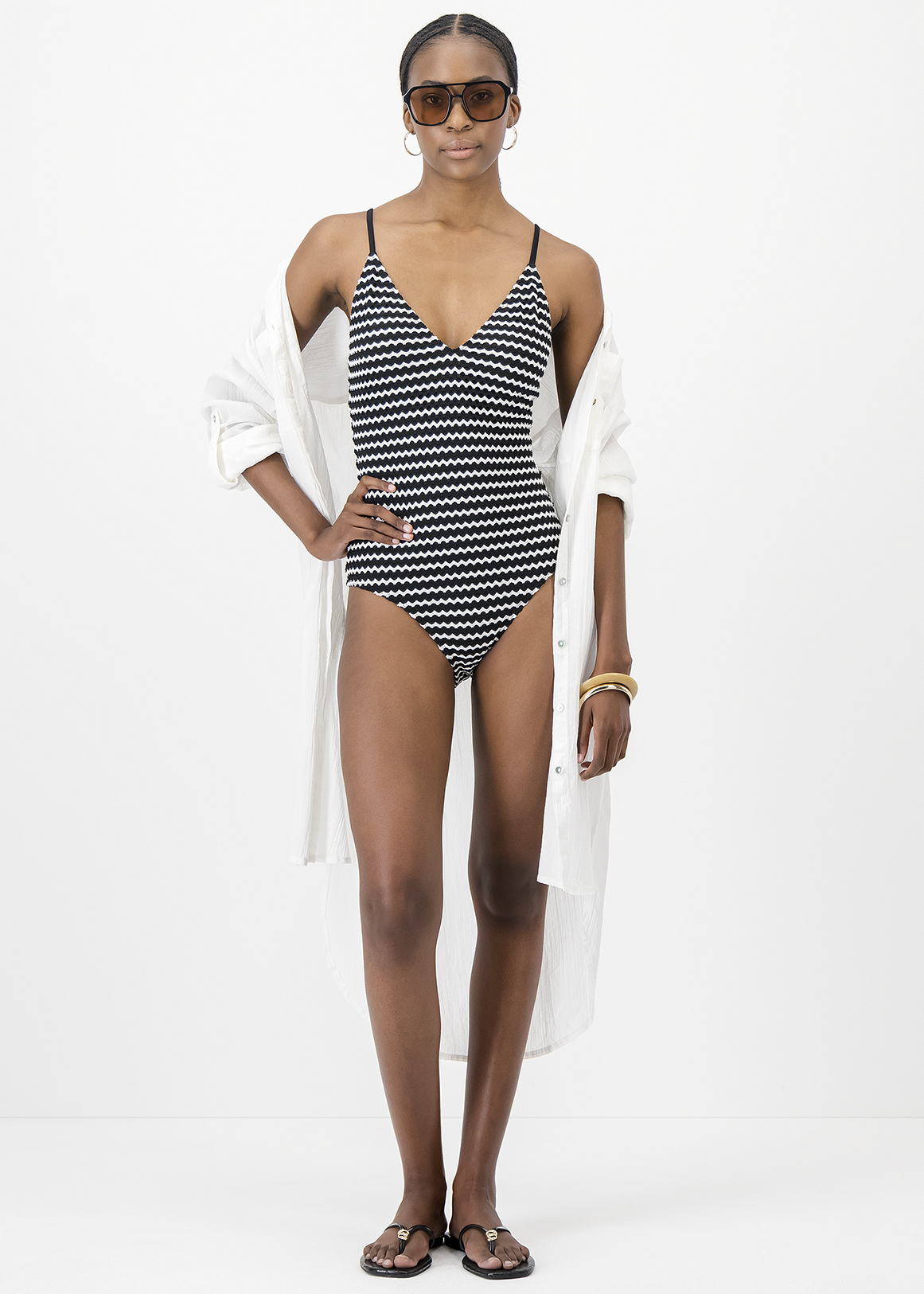 Striped Textured Knit Swimsuit