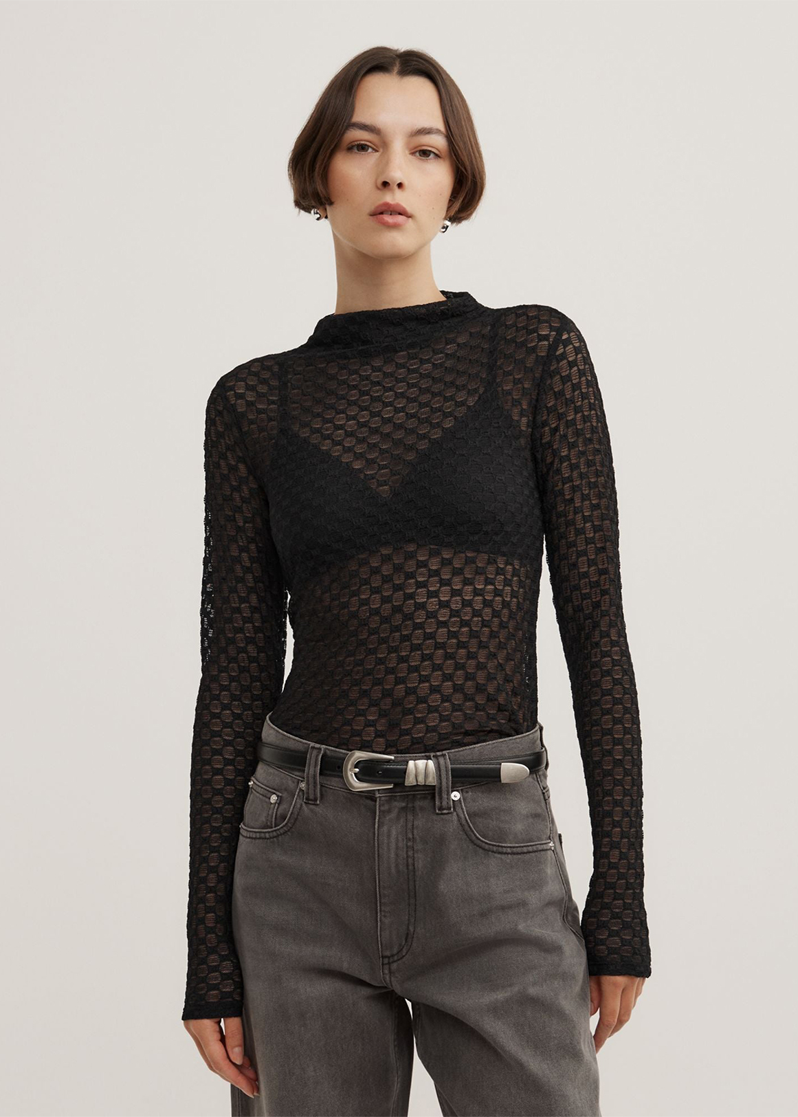 Textured Mesh Long Sleeve Top