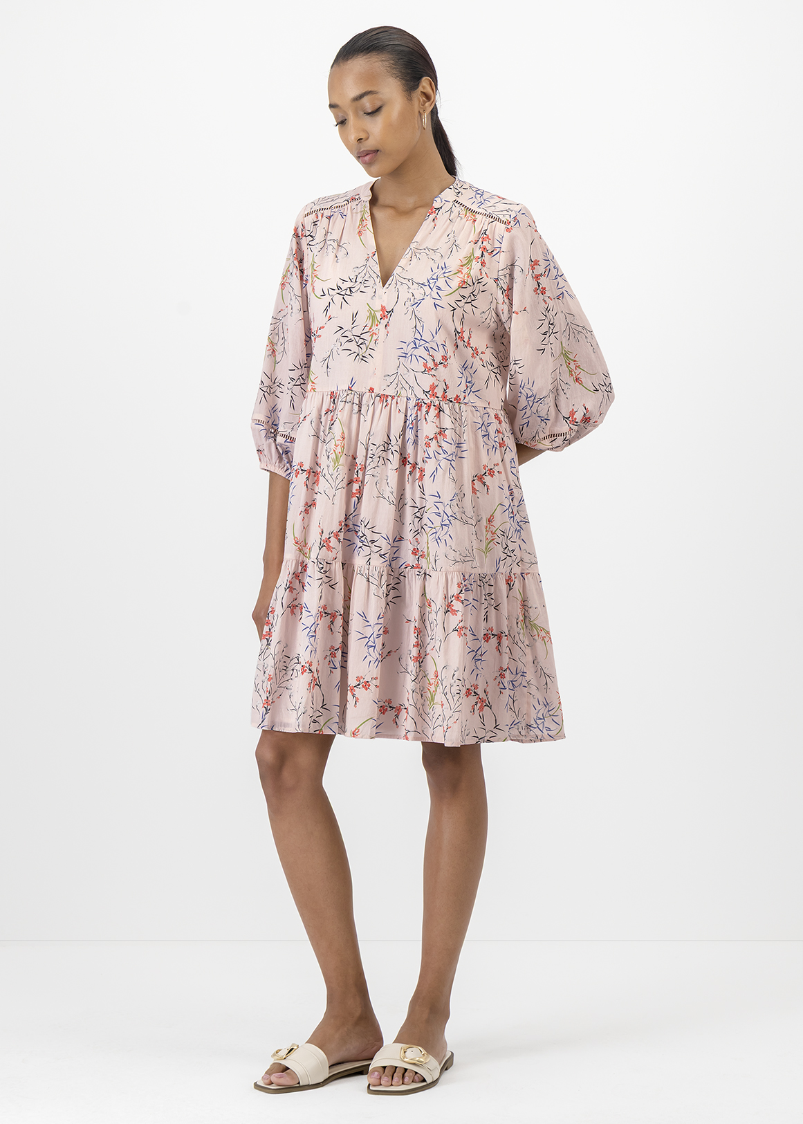 Tiered Floral Notched Mandarin A-line Boho Dress