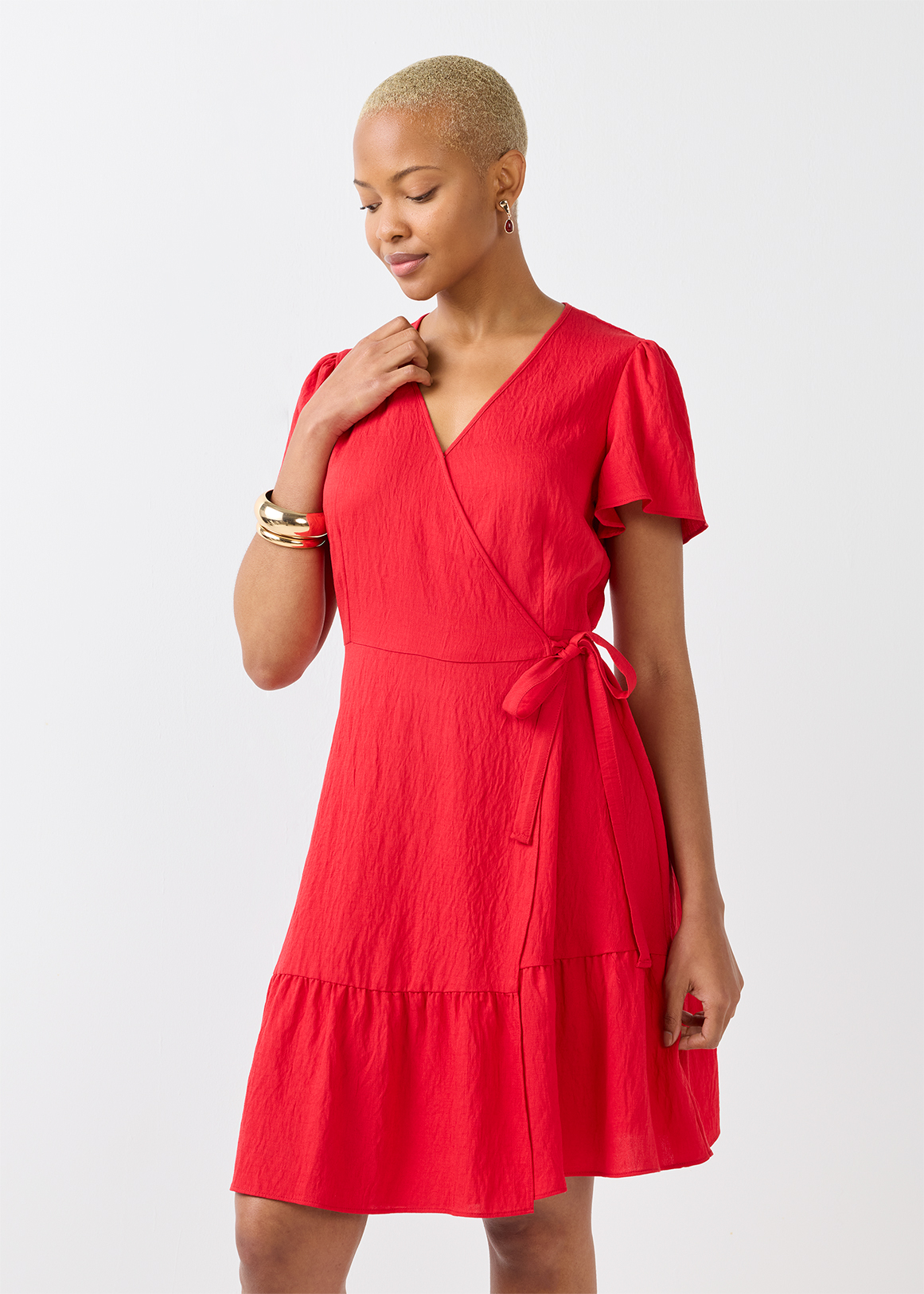 Tiered Flutter Sleeve Textured Wrap Dress